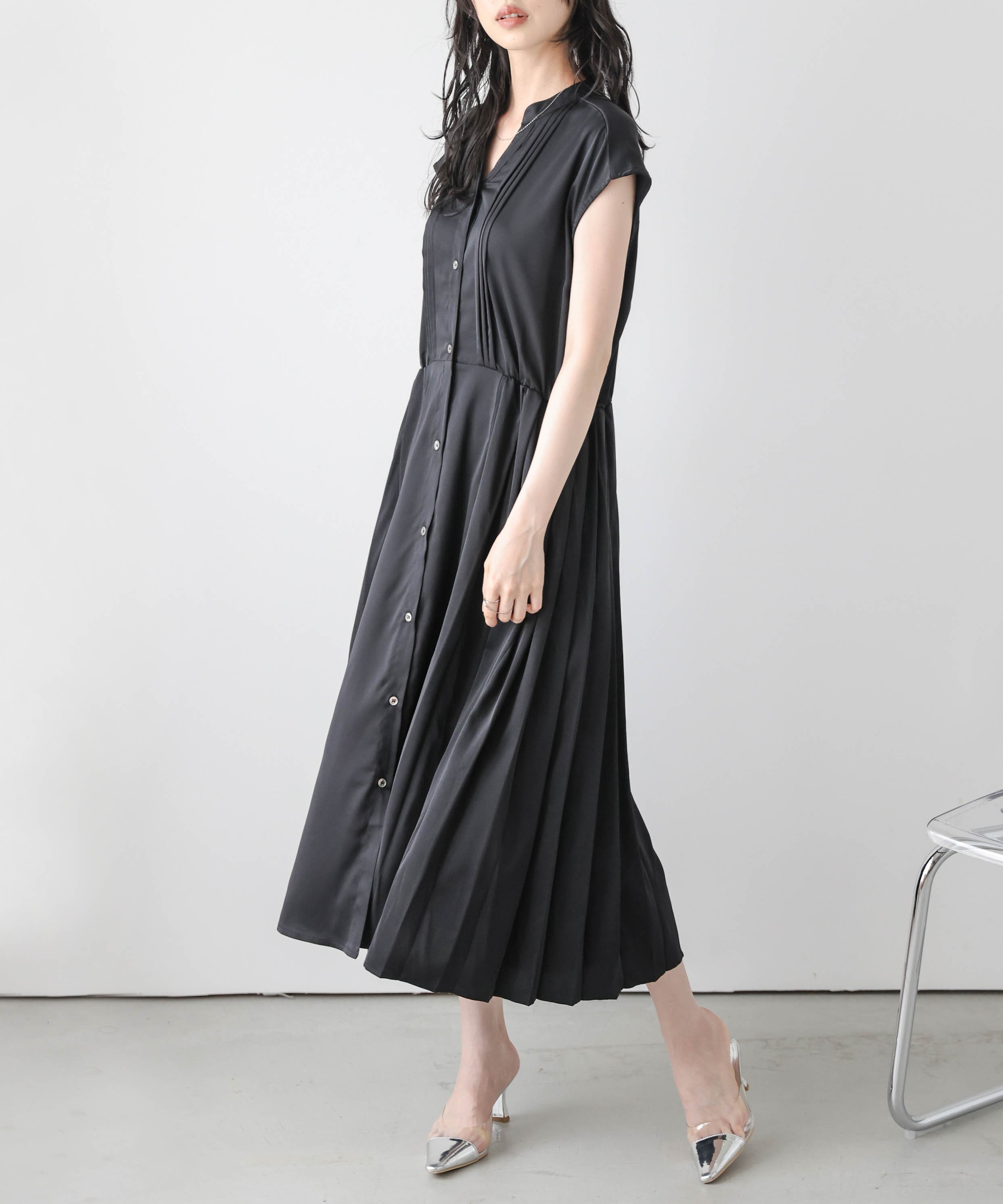 La-gemme サイドプリーツフレアワンピース ラジュール ワンピース・ドレス ワンピース パープル ブラック ベージュ