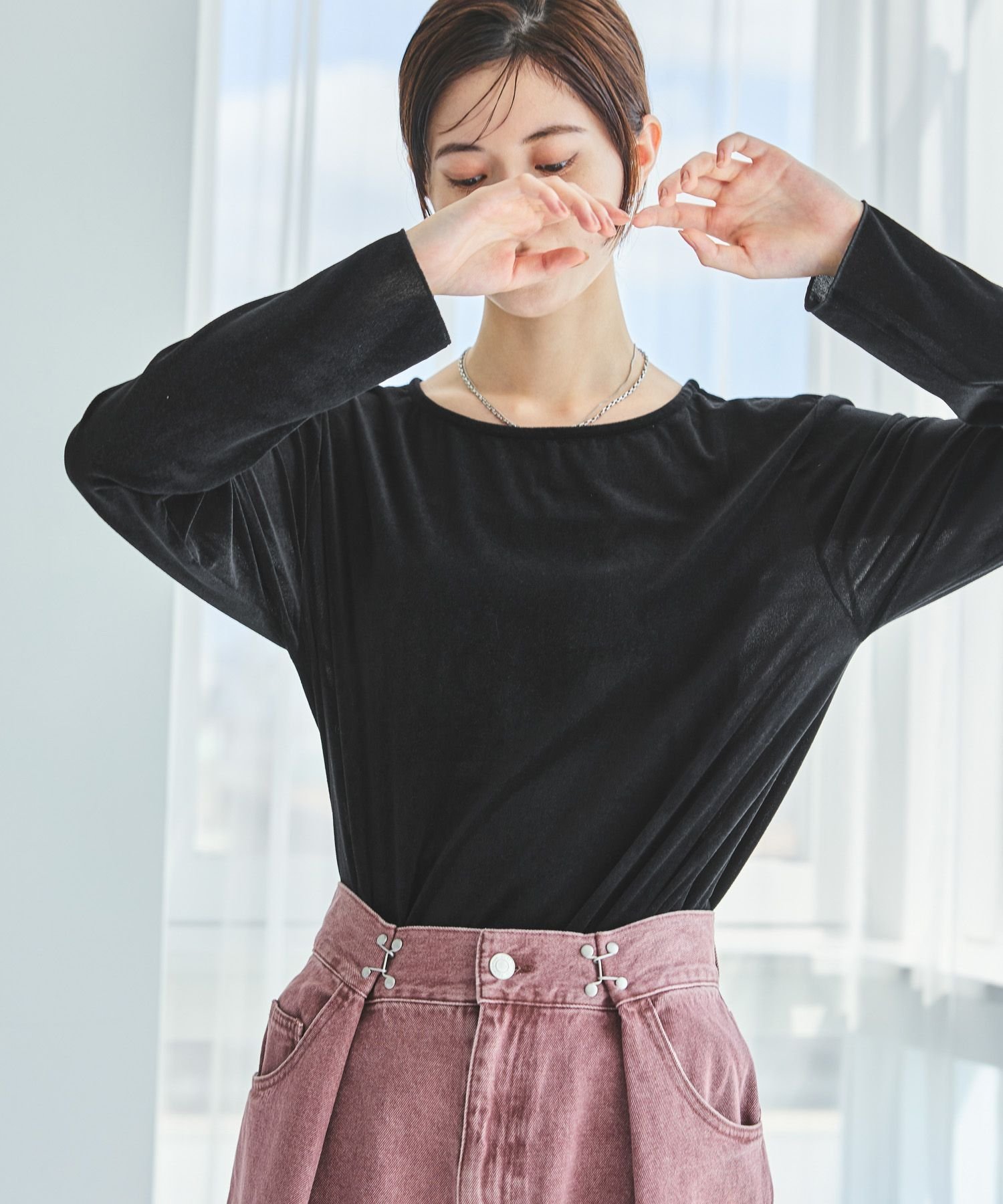 【SALE／5%OFF】LAKOLE シアーベロア長袖T ラコレ トップス カットソー・Tシャツ ネイビー ホワイト グレー イエロー ブラックのサムネイル