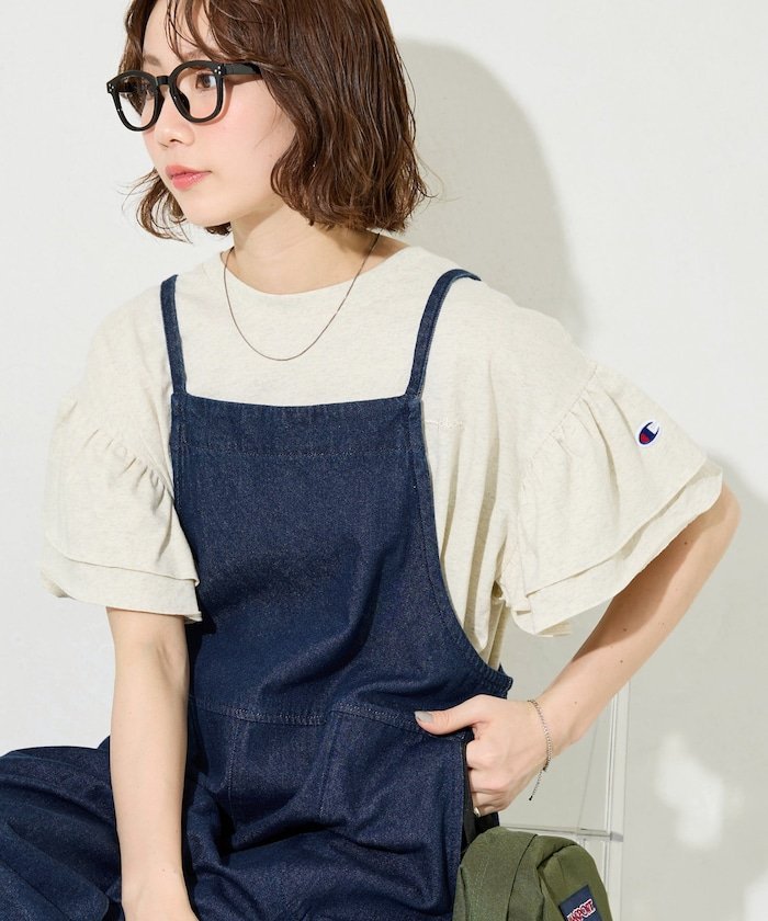 Champion 限定展開 別注フリル袖トップス Champion チャンピオン 限定 フリークスストア トップス カットソー・Tシャツ ブラック ホワイト ブルー グリーン【送料無料】