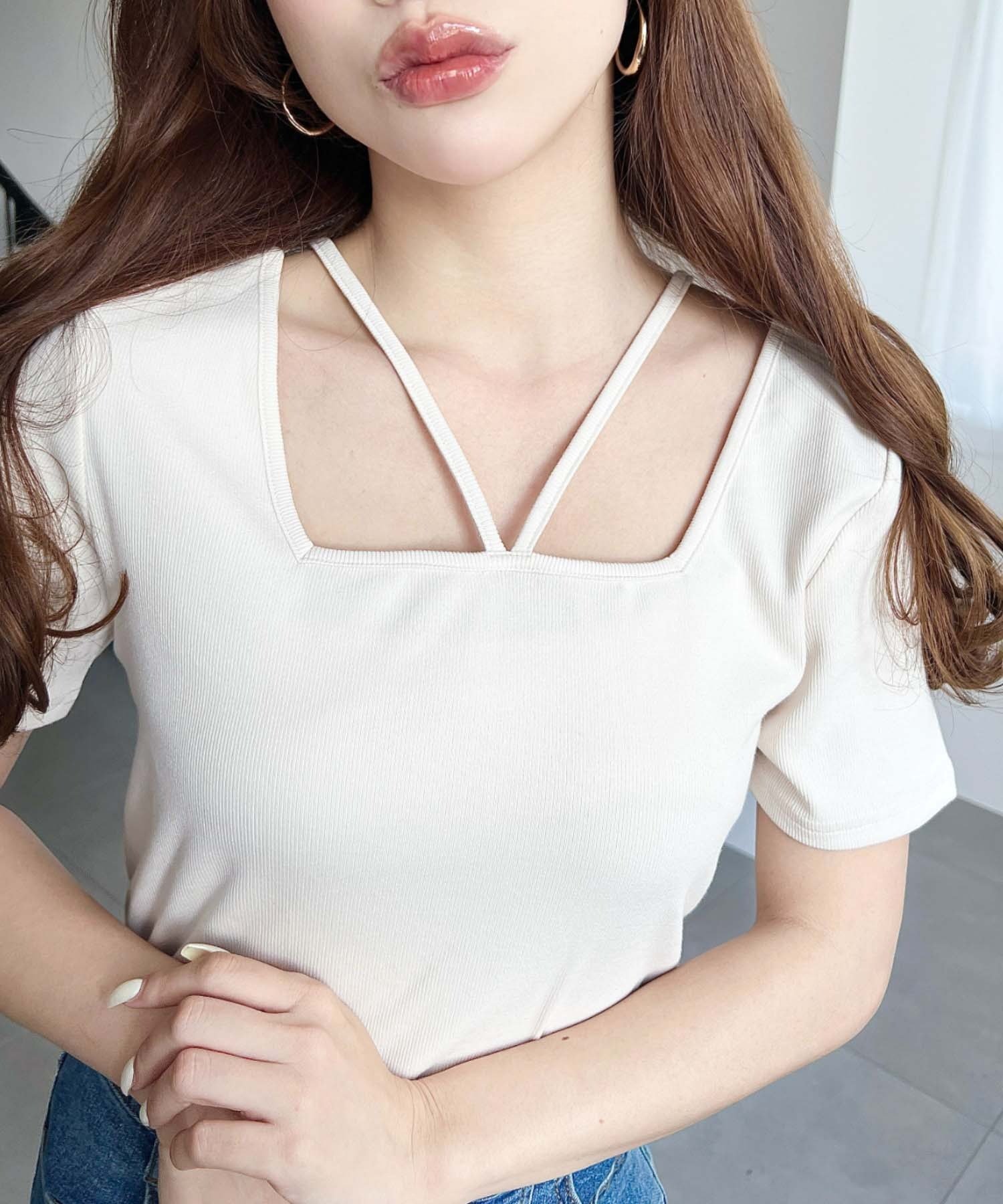 moment+ テレコリブスクエアホルターネック半袖プルオーバー モーメントプラス トップス カットソー・Tシャツ グレー ネイビー ホワイト ブラック ピンク