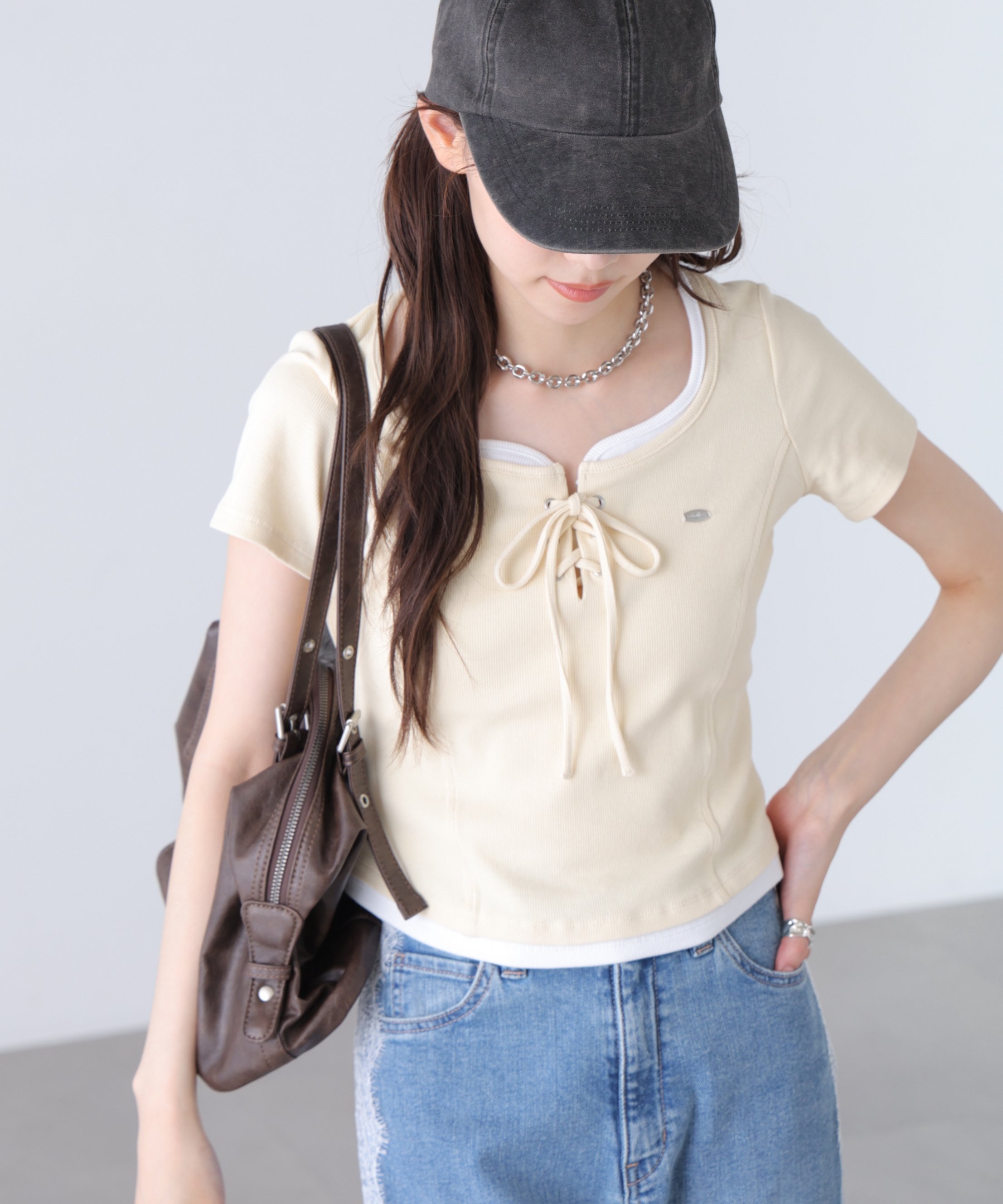 レースアップレイヤード風半袖カットソー フリーズ マート トップス カットソー・Tシャツ ホワイト ブラック グレー