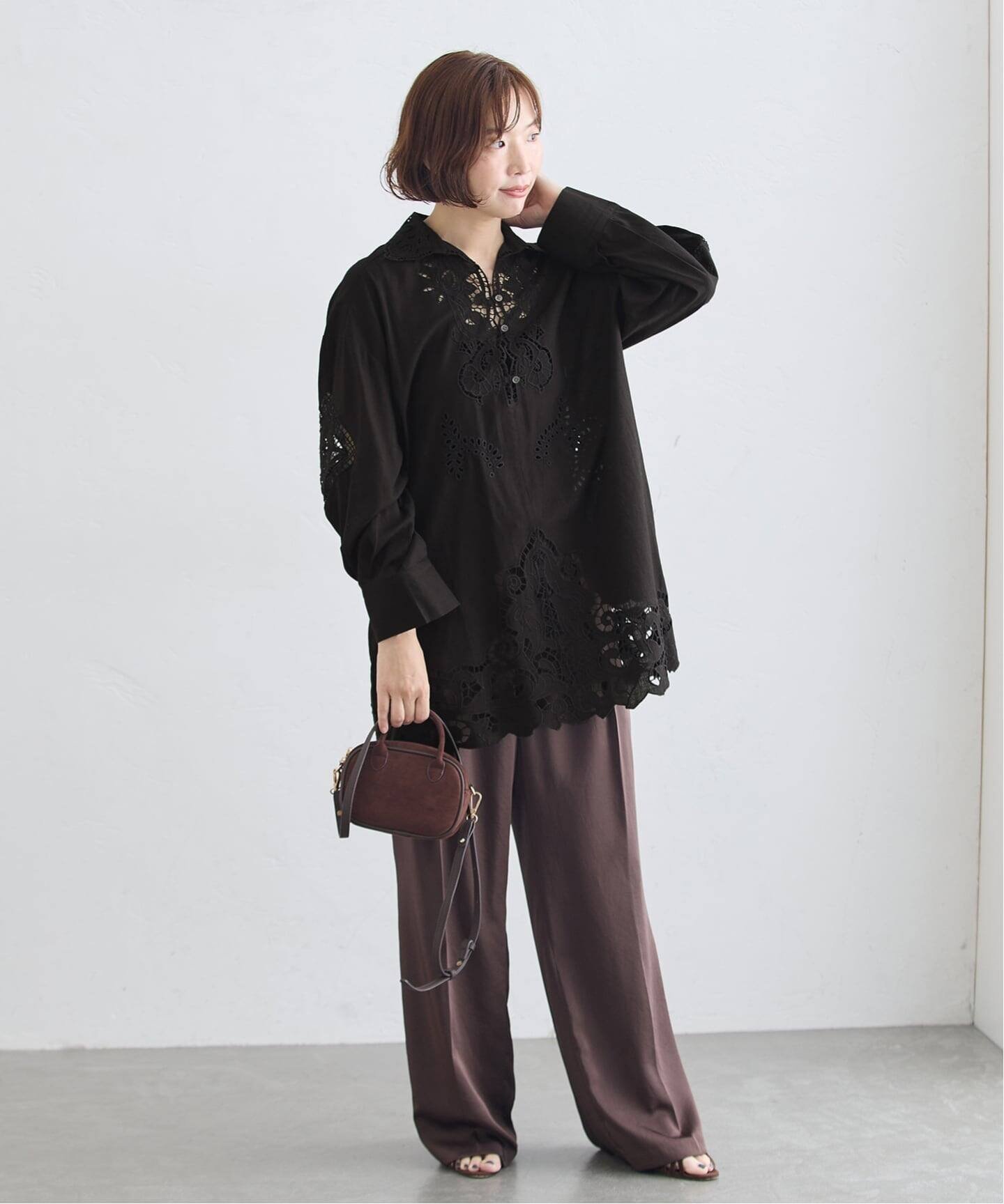 JOURNAL STANDARD L'ESSAGE 刺繍レースチュニックシャツ ジャーナルスタンダード レサージュ トップス シャツ・ブラウス ブラック ホワイト