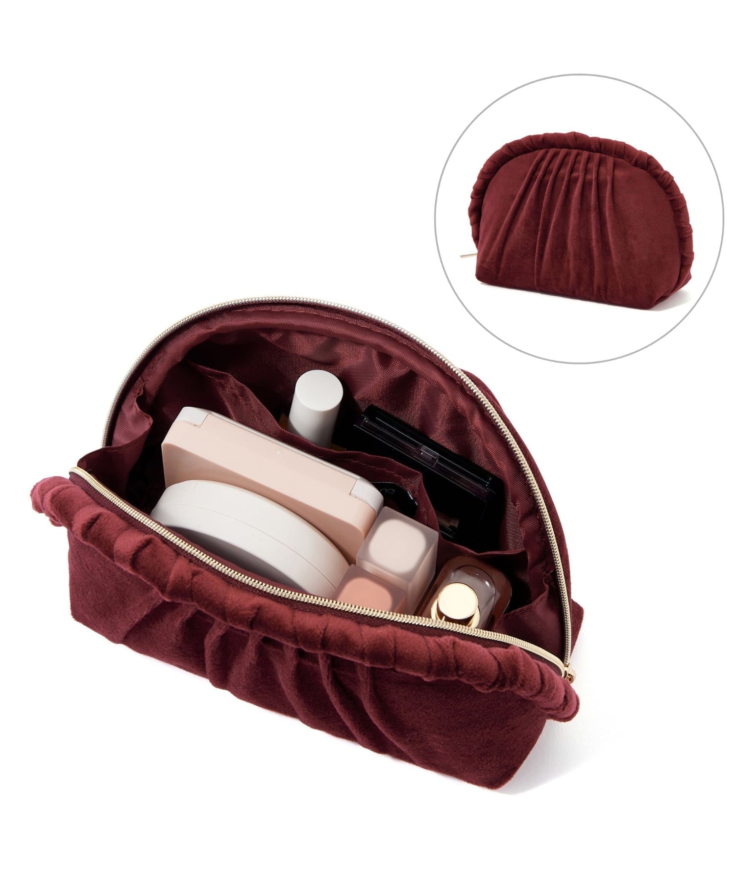 Francfranc ベロアプリーツ ポーチ S ポケット付き 化粧ポーチ コスメ収納 コンパクト フランフラン 財..