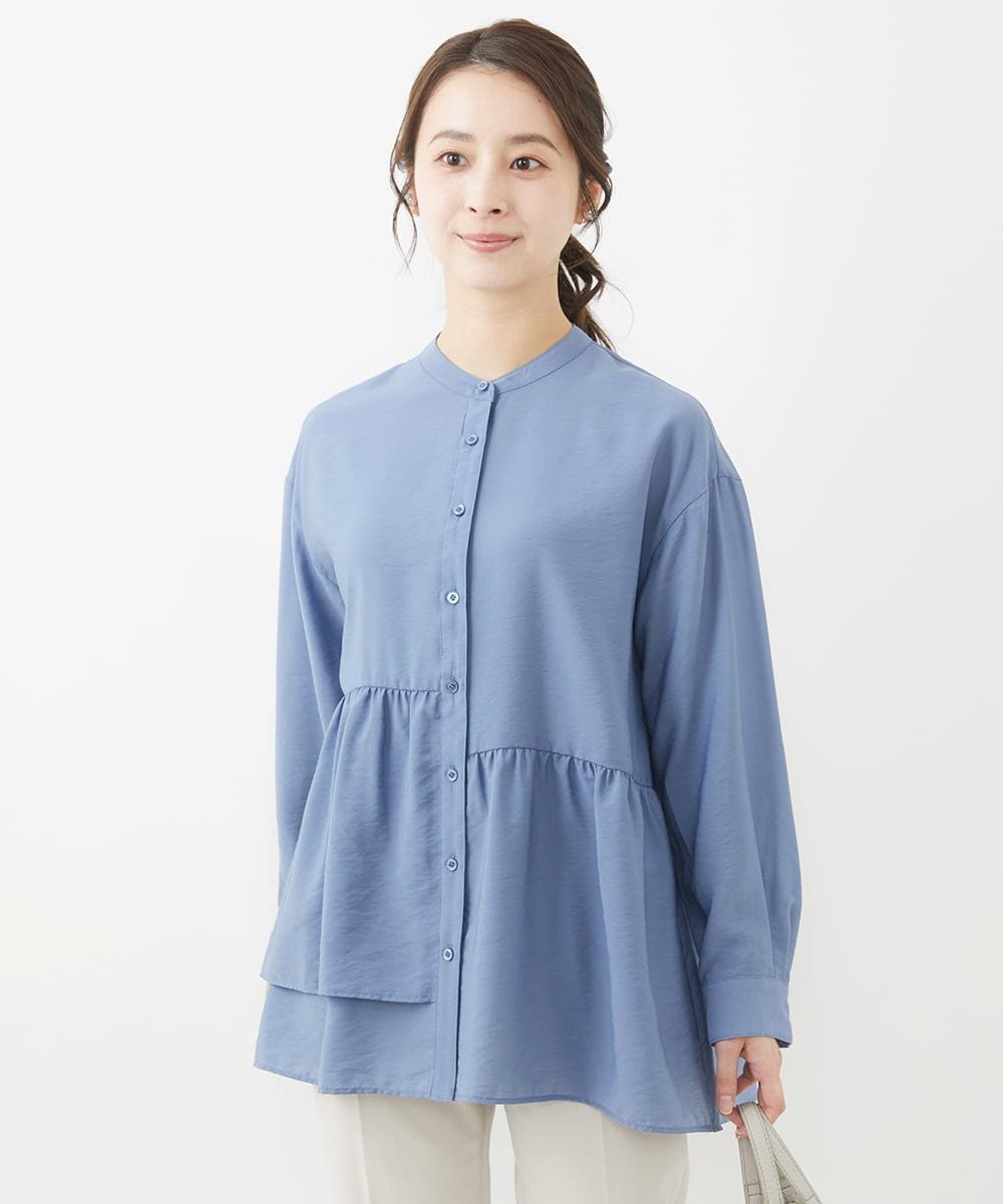 【SALE/50%OFF】MK MICHEL KLEIN(小さいサイズ) 【小さいサイズ】ペプラムデザインバンドカラーブラウス/洗える メゾンドゥサンク トップス シャツ・ブラウス ブラウン ブルー ホワイト【送料無料】