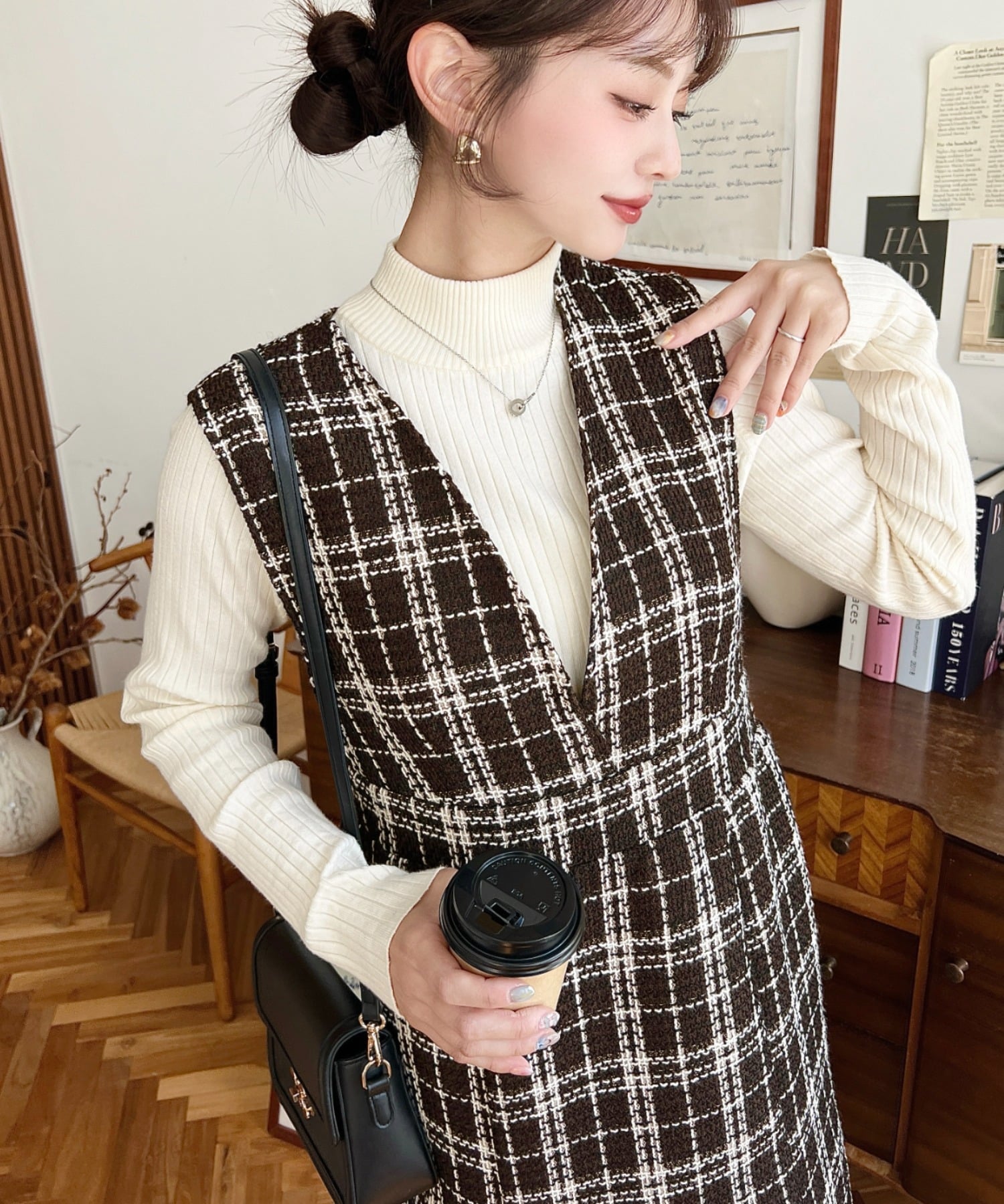 【SALE／63%OFF】moment+ ツイードマーメイドワンピース モーメントプラス ワンピース・ドレス ワンピース ブラック ブラウン stylife-14781474 Rakuten Fashion サンプル画像2