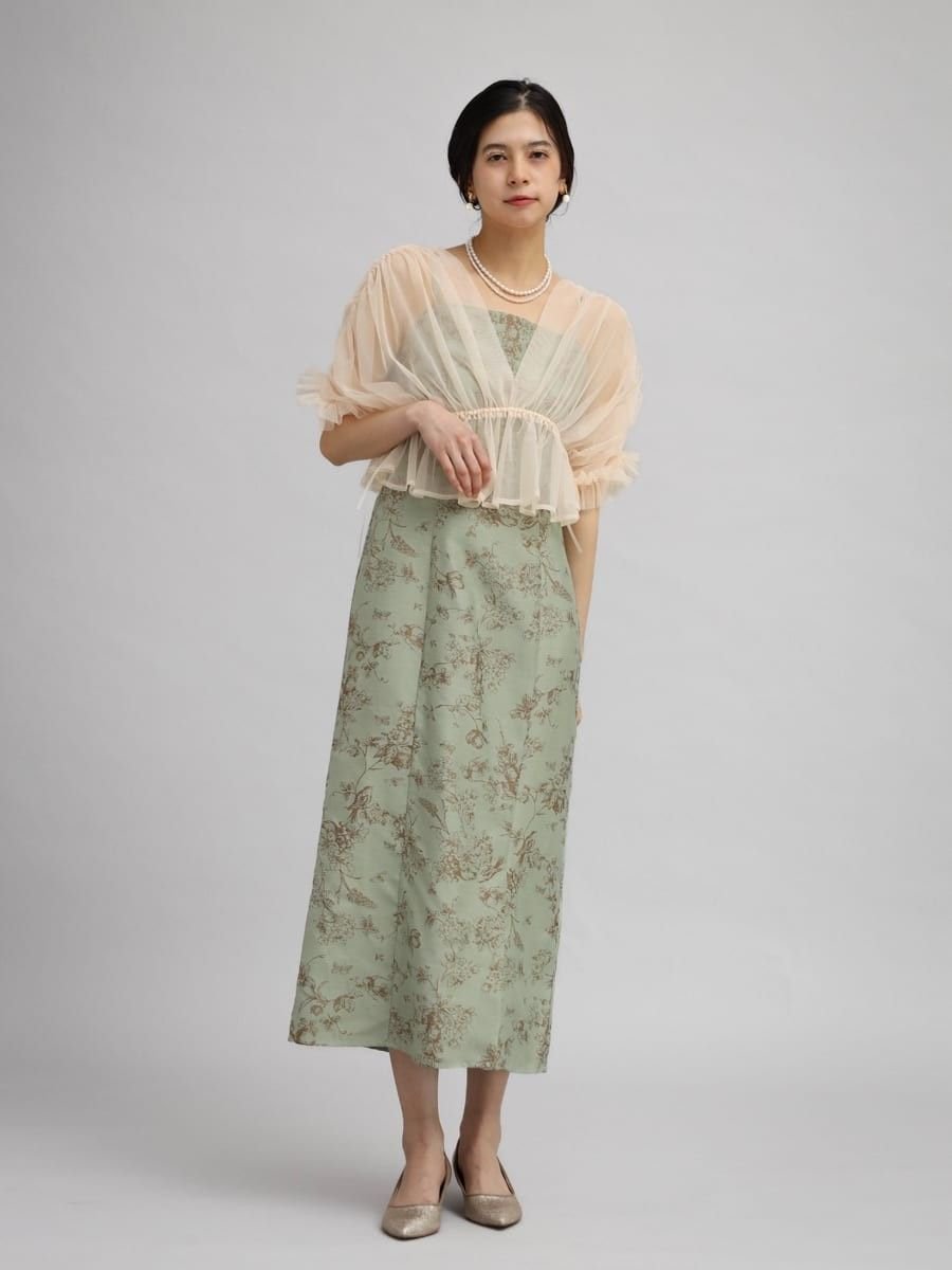 Petirobe チュールボレロフラワードレス ラシュッド ワンピース・ドレス ドレス グリーン グレー【送料無料】