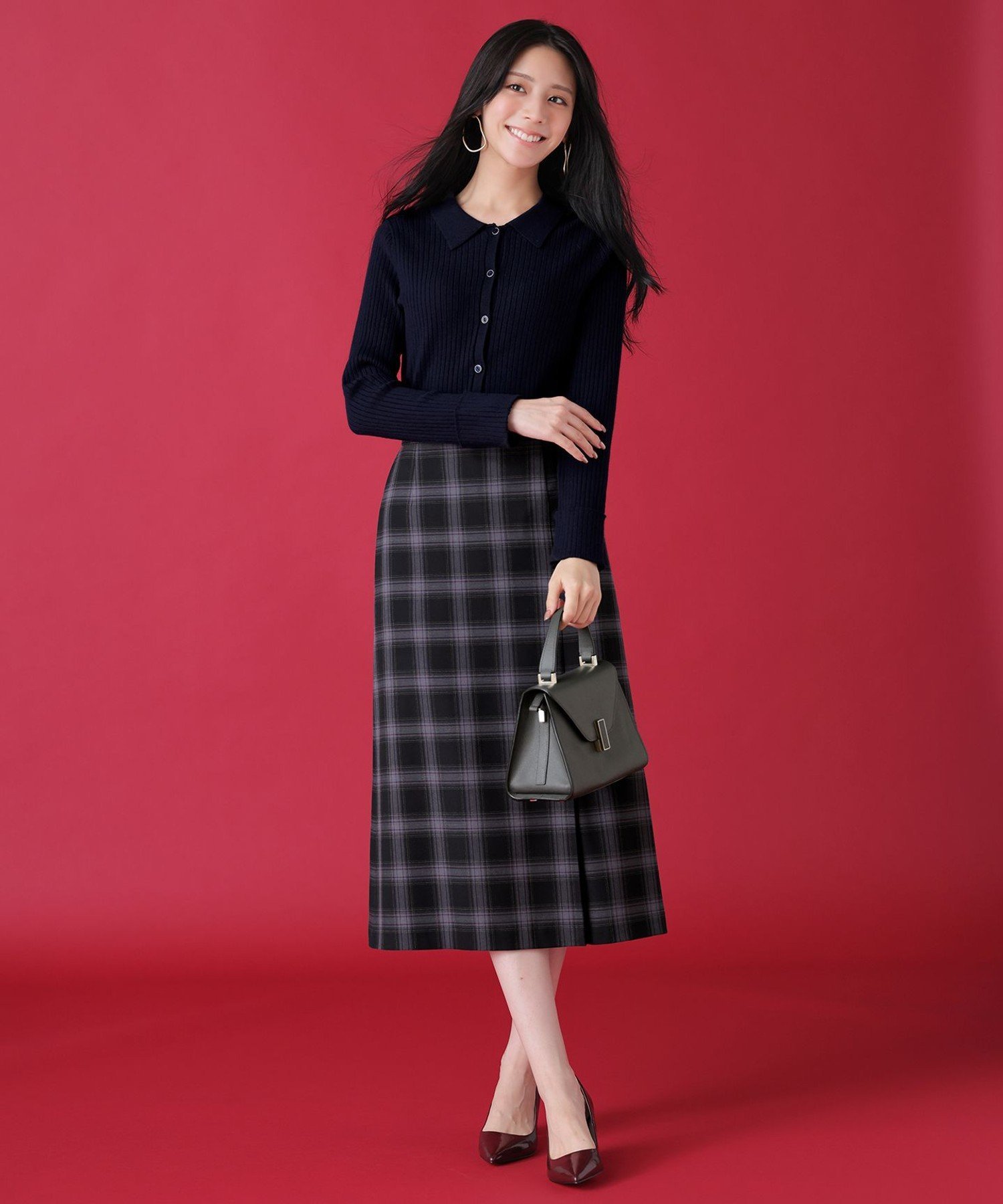 ANY SIS S 【保温効果・ストレッチ・洗える】ビューティサーモ2WAYストレッチチェック スカート エニィスィス スカート ロング・マキシスカート ネイビー グレー ブラック【送料無料】のサムネイル