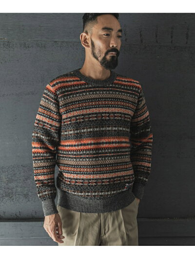 7 Gauge Wool Fair Isle Crewneck Sweater FW05011070: Charcoal 7 Gauge Wool Fair Isle Crewneck Sweater FW05011070: Charcoal