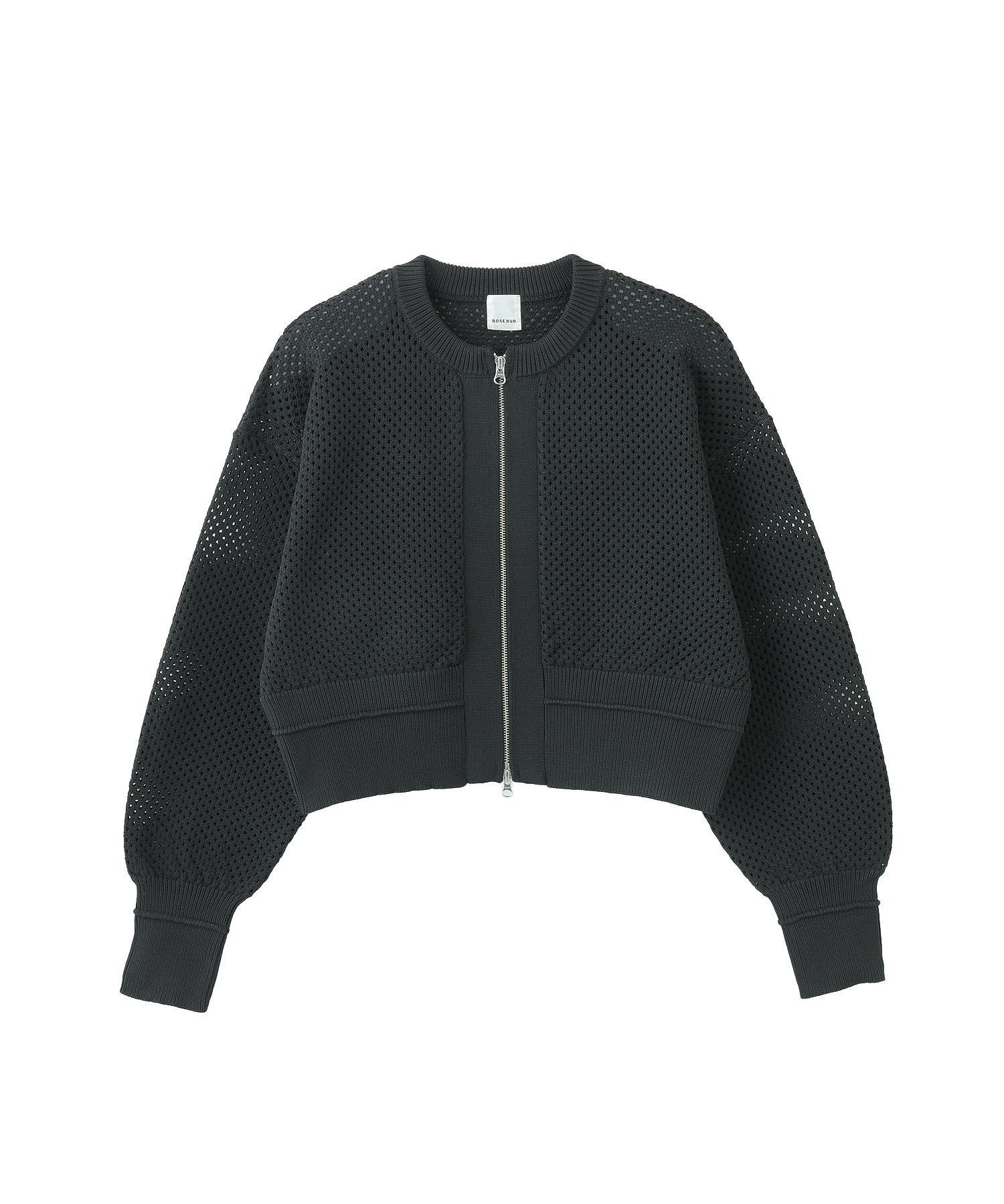 ROSE BUD 2WAYメッシュZIPカーデ ローズバッド トップス ニット パープル ブラック