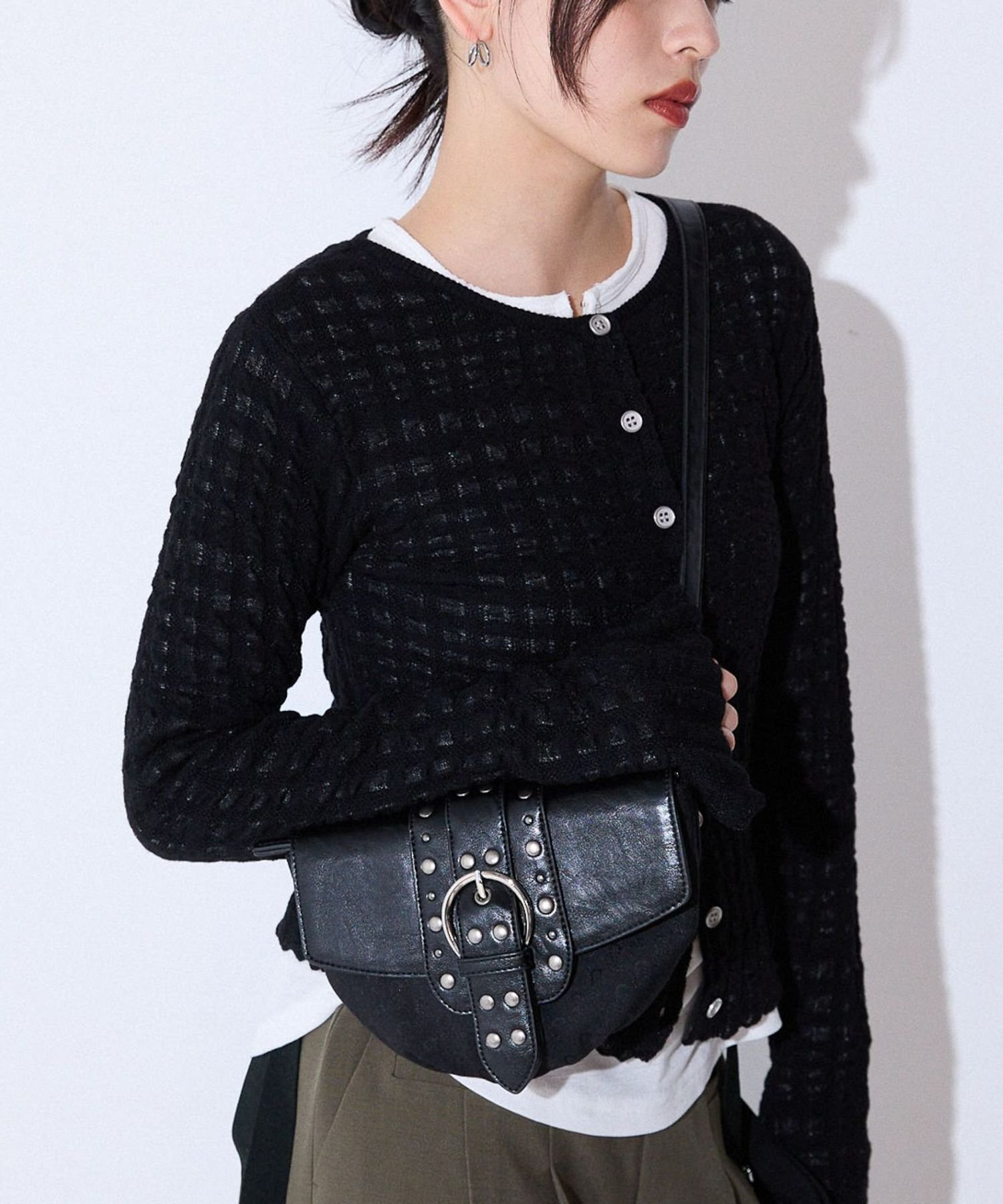 JEANASIS スタッズジャガードモノグラムミニBAG ジーナシス バッグ ボディバッグ・ウエストポーチ ブラック カーキグリーン