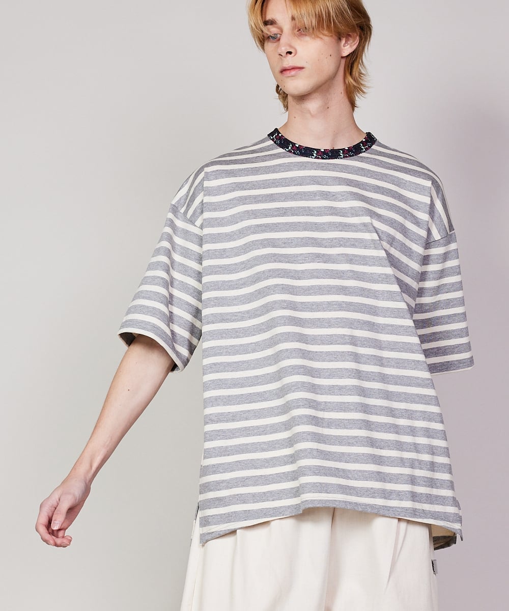 rehacer rehacer/(U)01240400009 ボタニカル ボーダー カットソー レアセル トップス カットソー・Tシャツ ネイビー グレー
