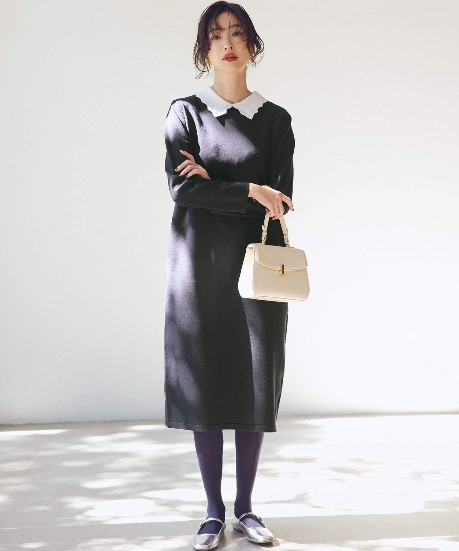 組曲 L レースライク襟付きニットワンピース クミキョク ワンピース・ドレス ワンピース ネイビー グレー【送料無料】のサムネイル