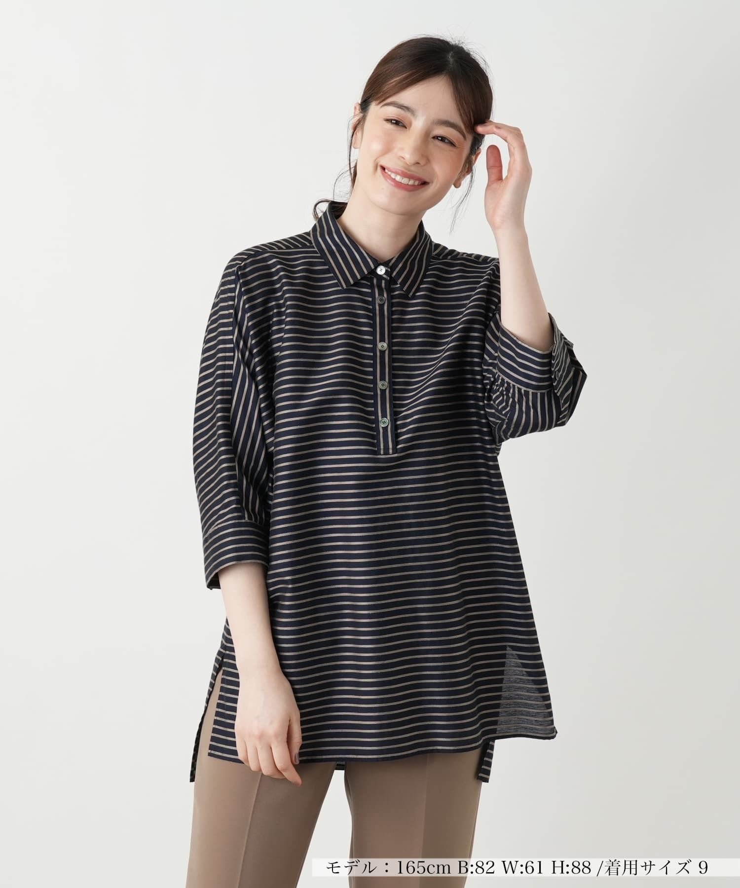 Leilian ストライプブラウス【ROCHAS Premiere】 レリアン トップス シャツ・ブラウス ネイビー