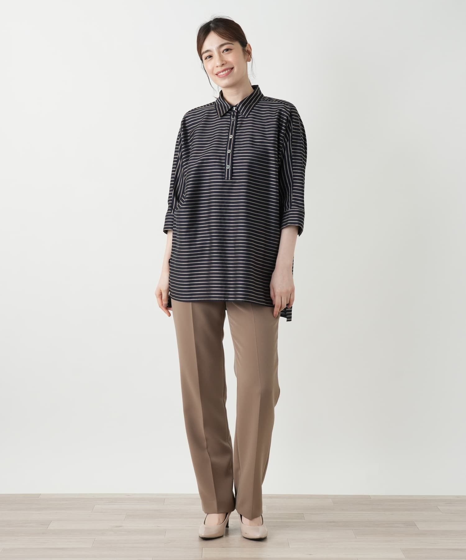 Leilian ストライプブラウス【ROCHAS Premiere】 レリアン トップス シャツ・ブラウス ネイビー