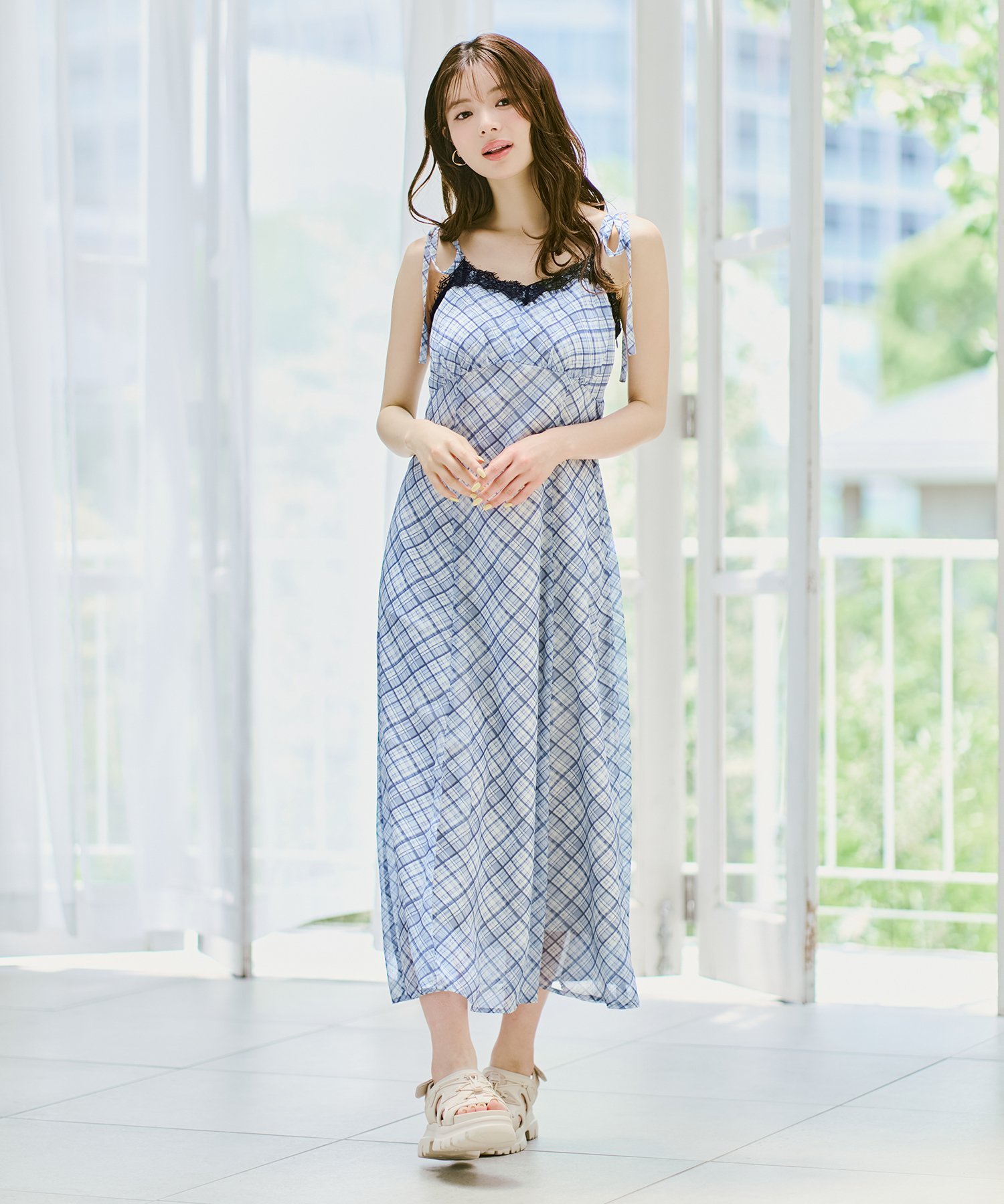 MISCH MASCH レーストリミングリボンキャミワンピース MM627433 ミッシュマッシュ ワンピース・ドレス ワンピース ブラウン ブルー