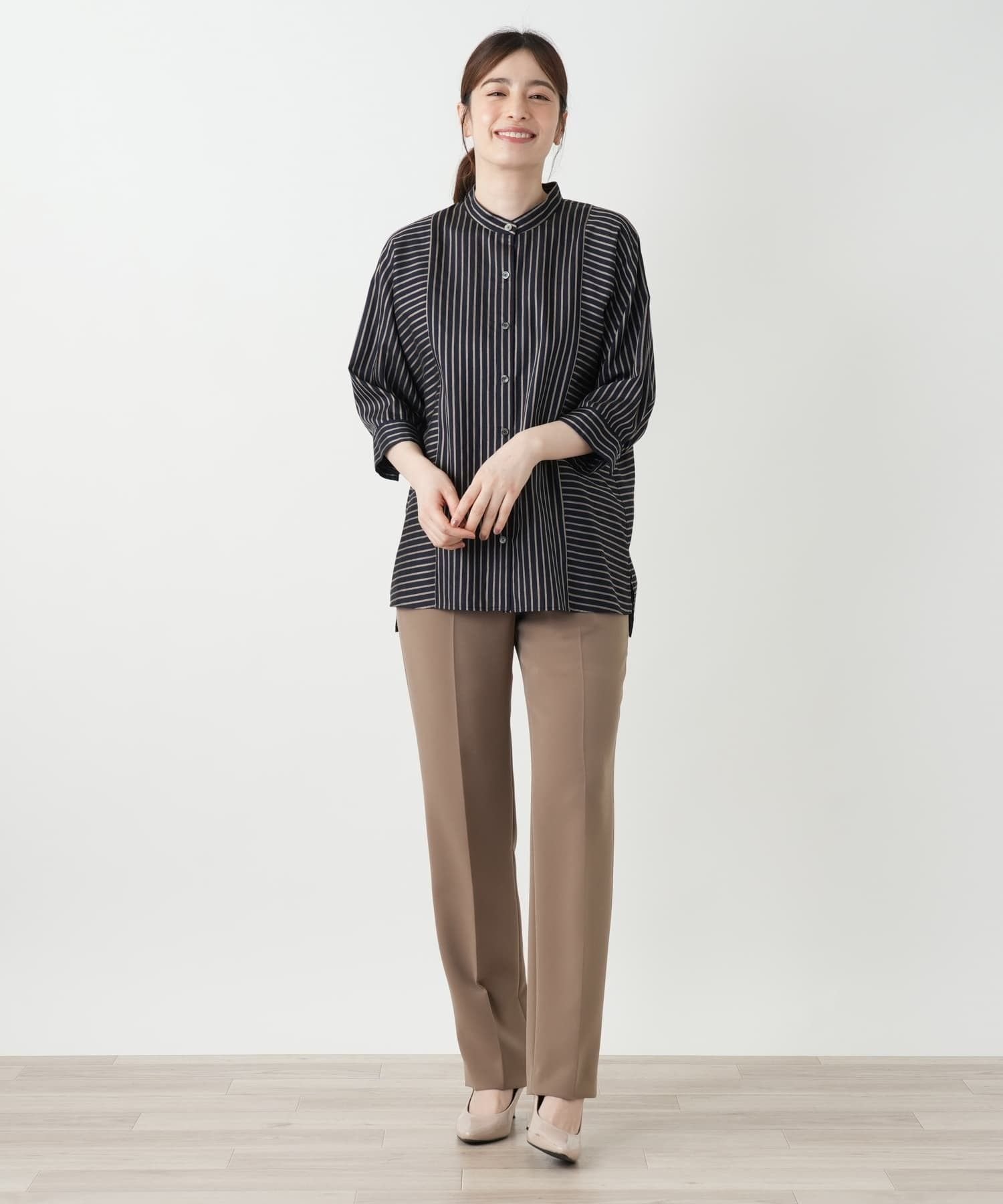 【SALE／50%OFF】Leilian ストライプバンドカラーブラウス【ROCHAS Premiere】 レリアン トップス シャツ・ブラウス ネイビー【送料無料】