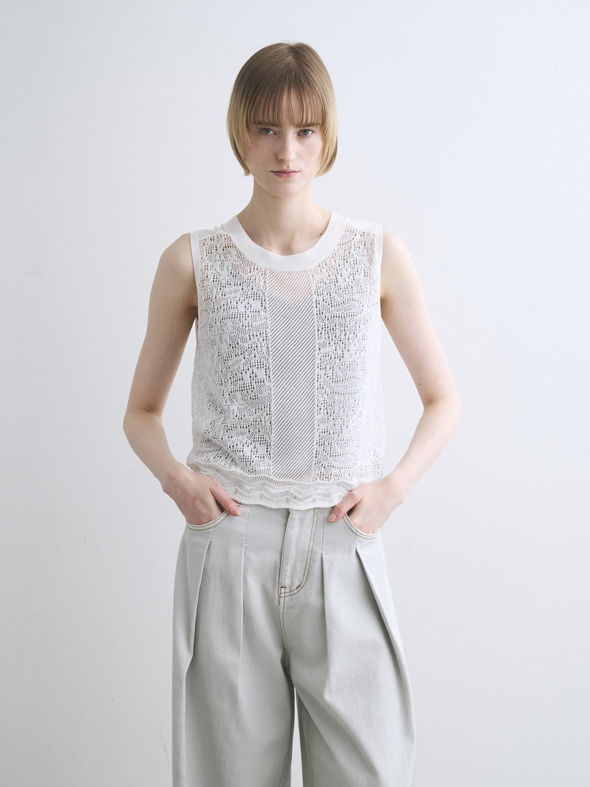 【SALE／40%OFF】three dots Panama lace 2way tank スリードッツ トップス ノースリーブ・タンクトップ ブラック ベージュ ホワイト ピンク【送料無料】