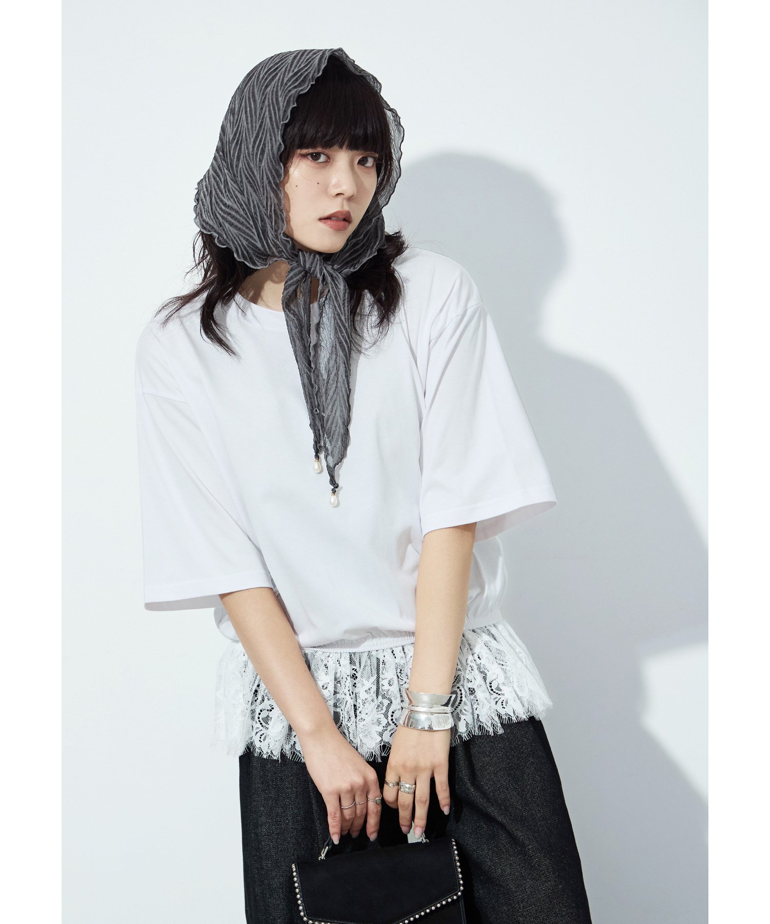 【SALE／32%OFF】FashionLetter 接触冷感・UVカット・吸水速乾 レース切り替えオーバーサイズTシャツ ビーフラット トップス カットソー・Tシャツ ブラック ホワイト ブルー ブラウン