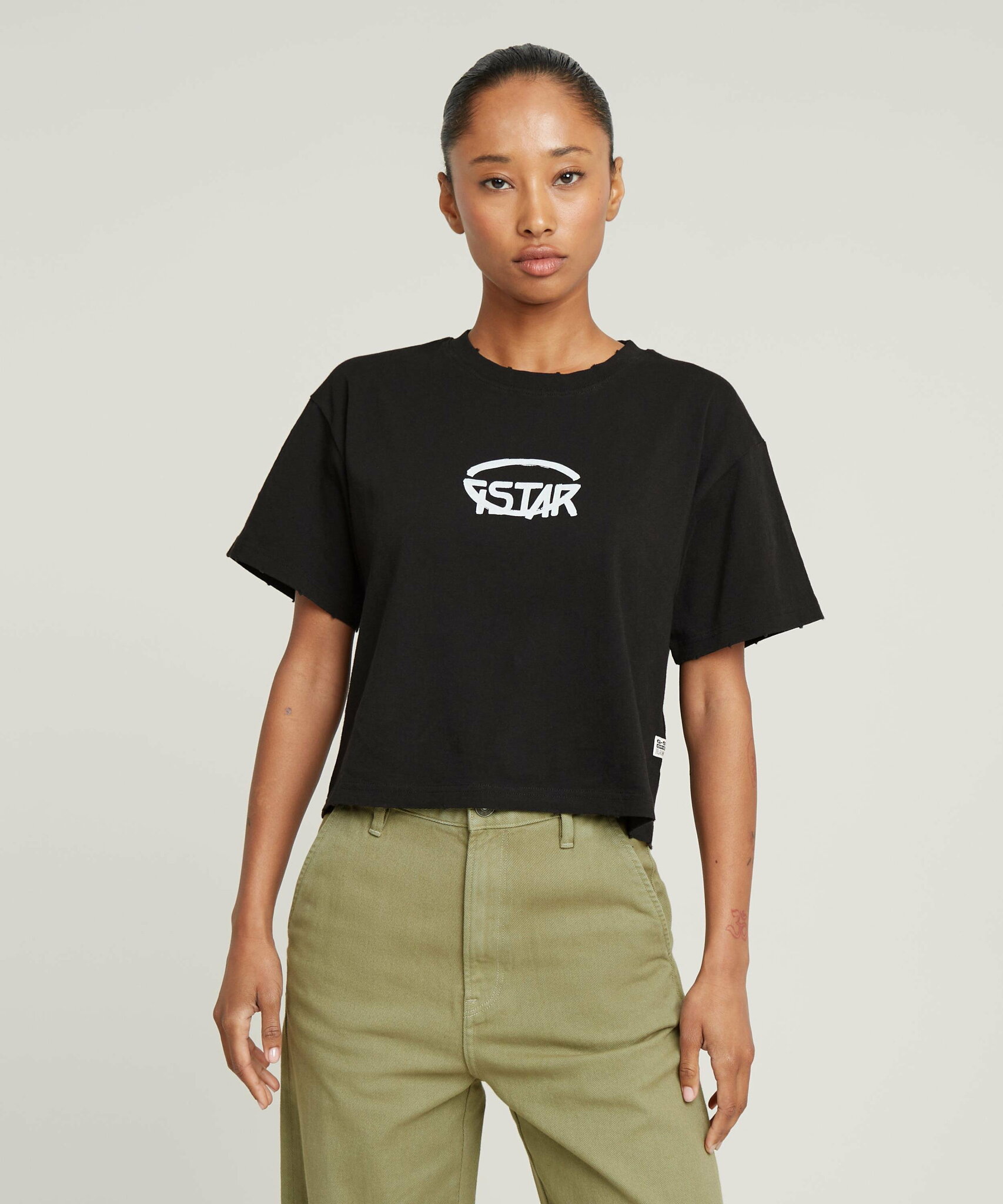 G-Star RAW 【公式ショップ】CROPPED LOGO RELAXED TOP/クロップドオーバーサイズクラシックロゴTシャツ ジースターロゥ トップス カットソー・Tシャツ ブラック【送料無料】