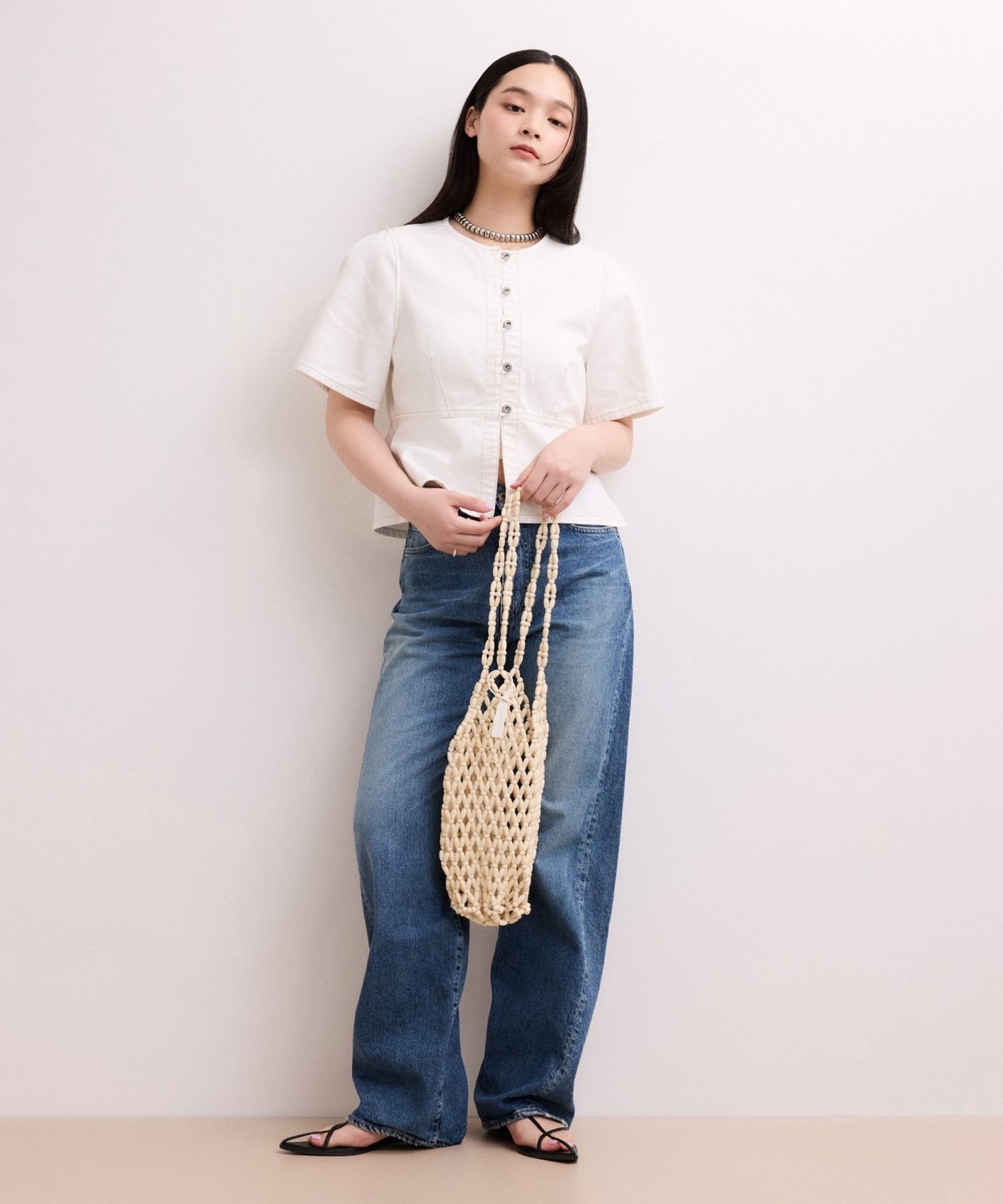 【WEB限定】デニムパフスリーブブラウス アダムエロペ トップス シャツ・ブラウス ブルー ホワイト