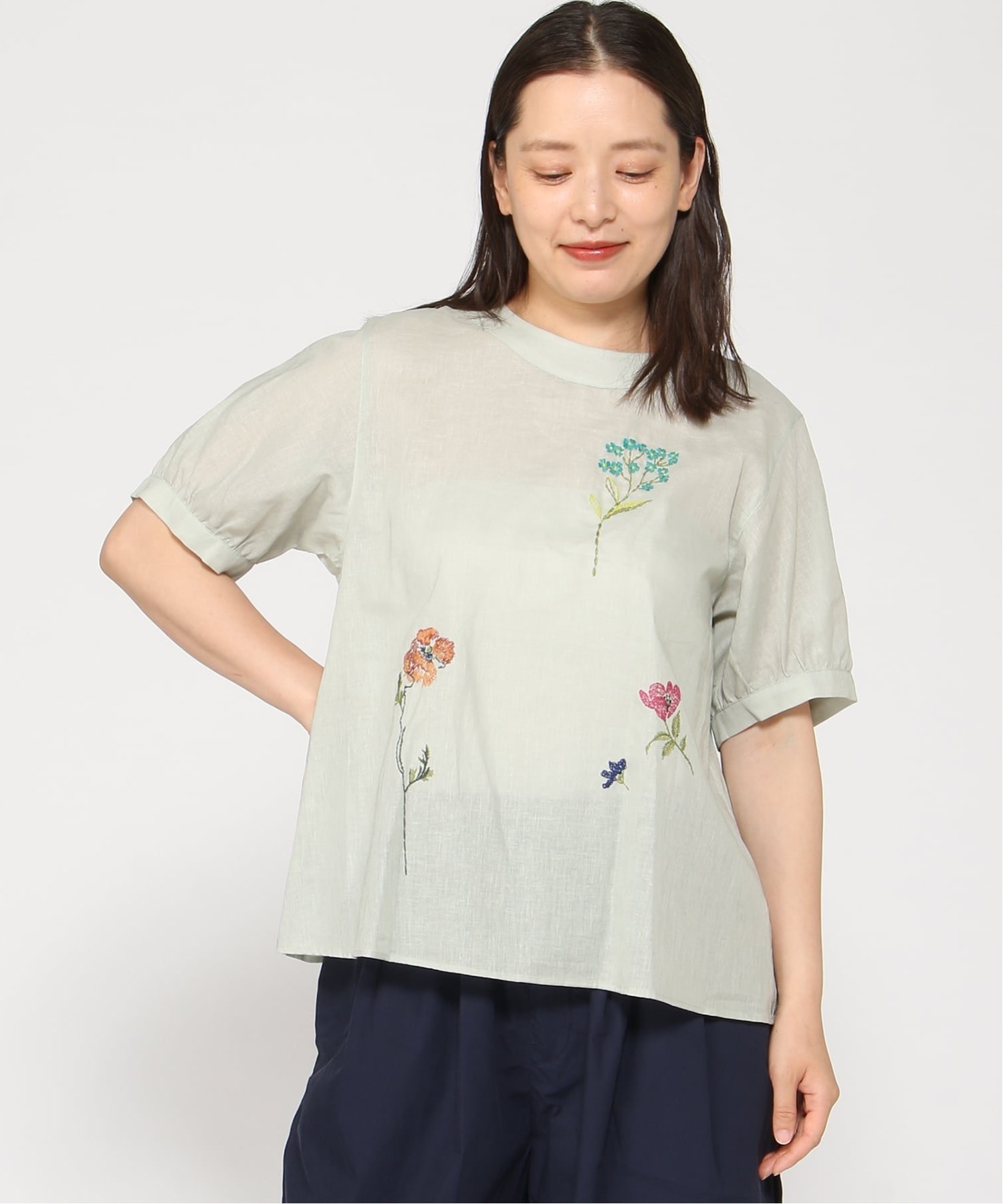 SUPER HAKKA 綿麻ローン ビッグフローラルフラワー刺繍ブラウス スーパーハッカ トップス シャツ・ブラウス ブラック グリーン