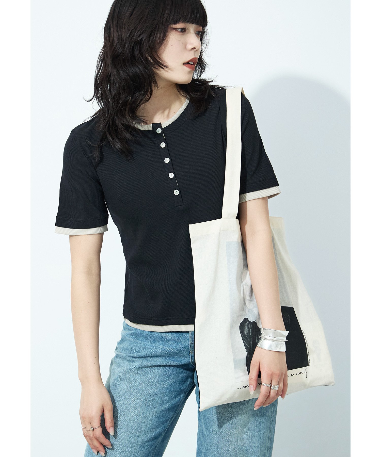 【SALE／28%OFF】FashionLetter フェイクレイヤード バイカラーヘンリー半袖プルオーバー ビーフラット トップス カットソー・Tシャツ ブラウン グレー イエロー ホワイト ブラック