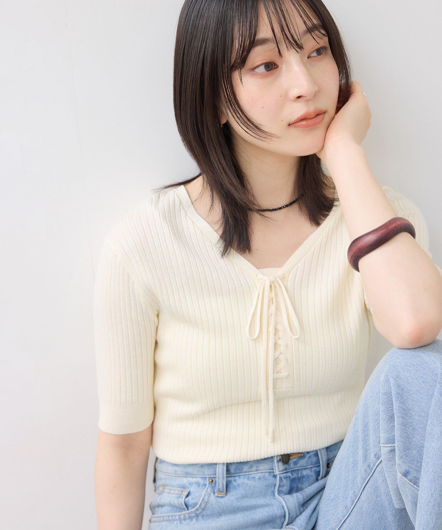 【SALE／50%OFF】VIS レースアップハーフスリーブニット ビス トップス ニット グレー ブルー ベージュ