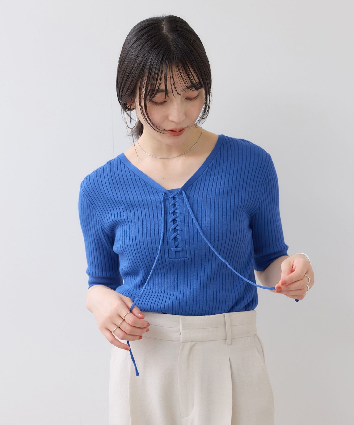 VIS レースアップハーフスリーブニット ビス トップス ニット グレー ブルー ベージュ