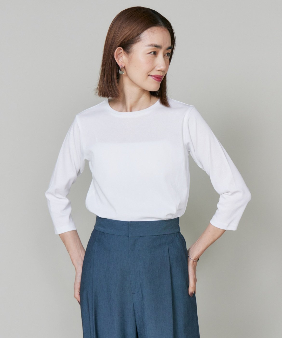 7-IDconcept. 《大きいサイズ》7分袖Tシャツ《日本製》 セブンアイディコンセプト トップス カットソー・Tシャツ ブラック ホワイト