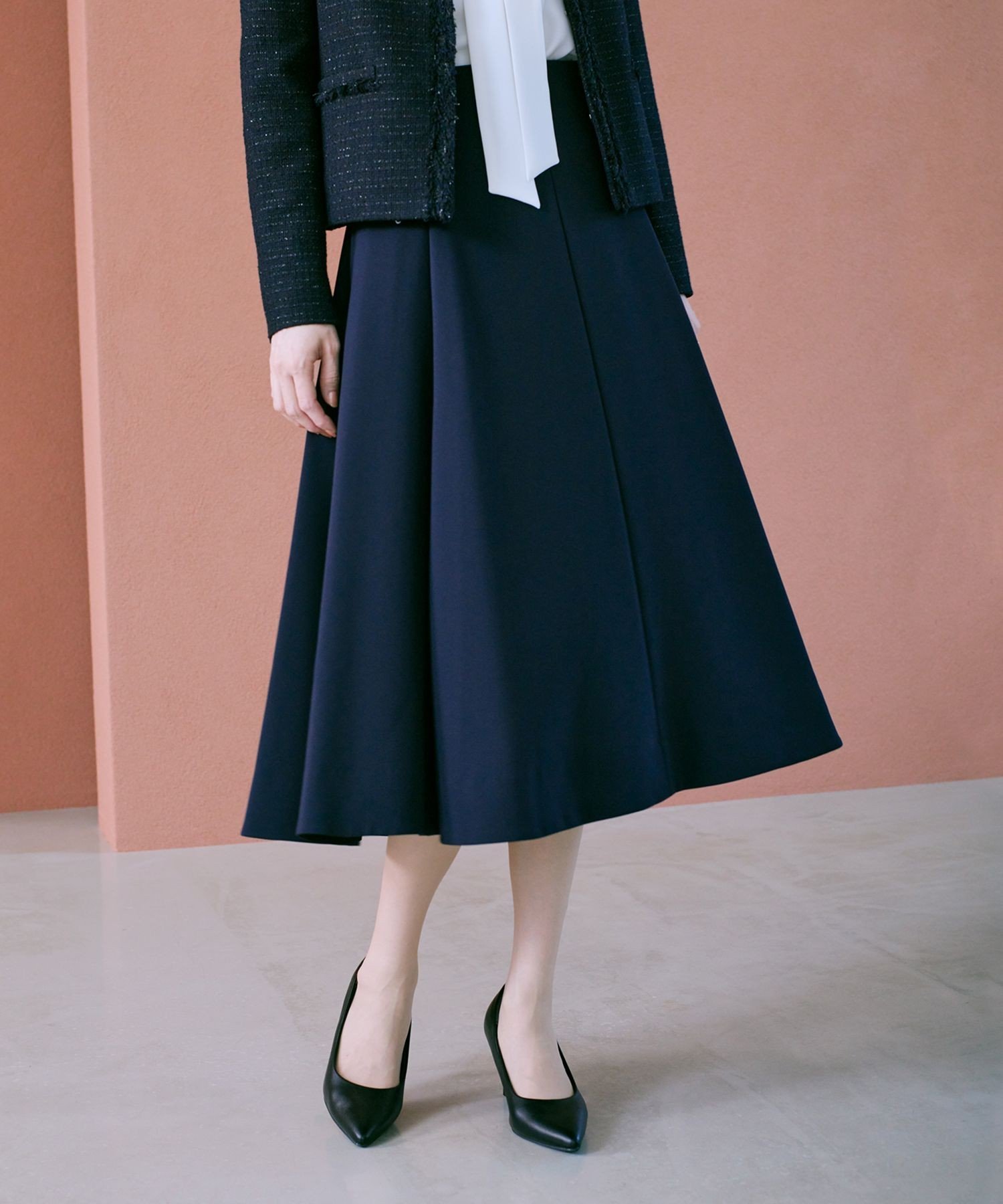ROPE' トリアセダブルクロス ハイウエストフレアスカート/イージーケア・セットアップ対応・25AW ロペ スカート その他のスカート ネイビー【送料無料】