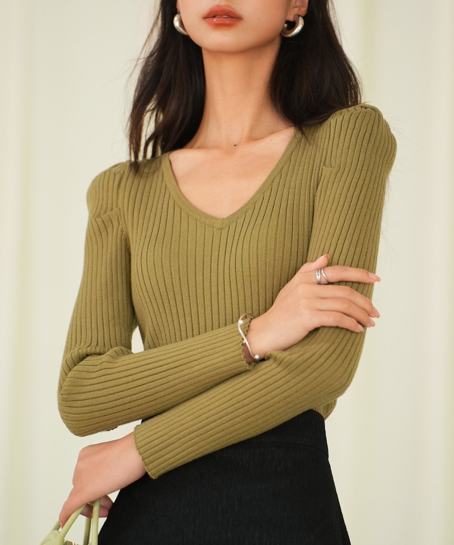 SAISON DE PAPILLON タックスリーブリブニットプルオーバー セゾン・ド・パピヨン トップス ニット カーキグリーン ピンク ホワイト ブラウン ブラック ブルー