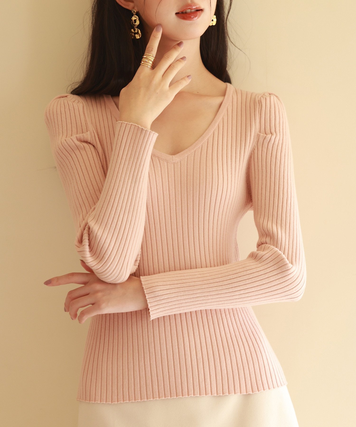 SAISON DE PAPILLON タックスリーブリブニットプルオーバー セゾン・ド・パピヨン トップス ニット カーキグリーン ピンク ホワイト ブラウン ブラック ブルー