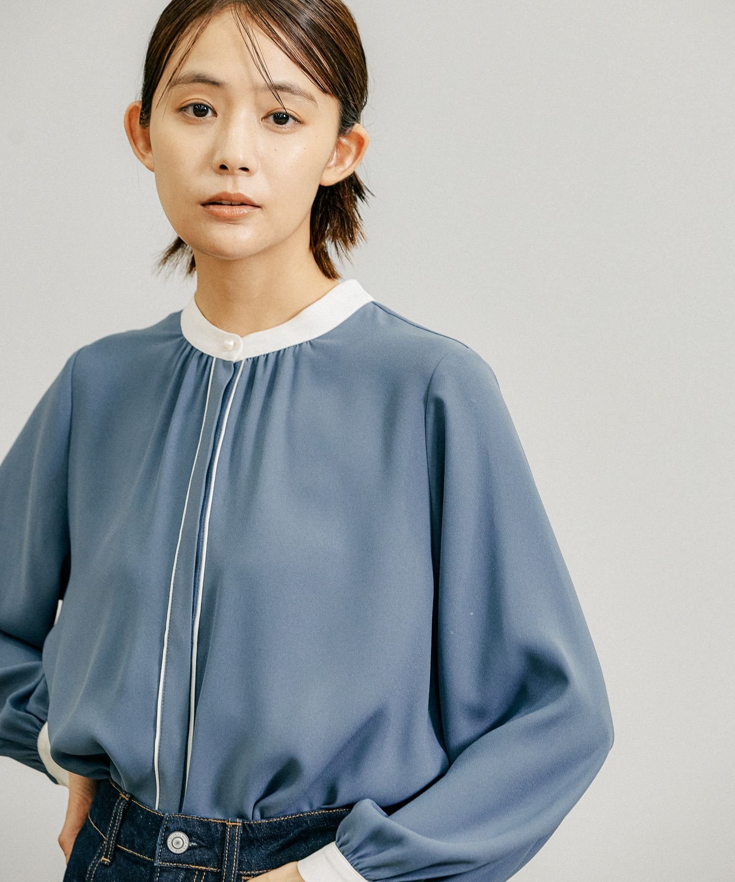 【SALE／50%OFF】GLOBAL WORK さらさらリラックスパイピング長袖/115541 グローバルワーク トップス シャツ・ブラウス ブラック ホワイトのサムネイル