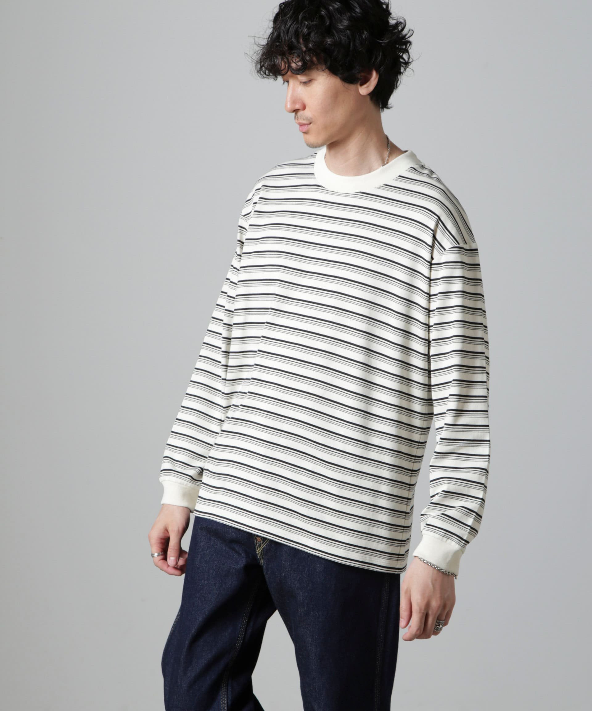 NANO universe Anti Soaked(R) ランダムボーダークルーネックTシャツ 長袖 ナノユニバース トップス カットソー・Tシャツ ブラウン ホワイト