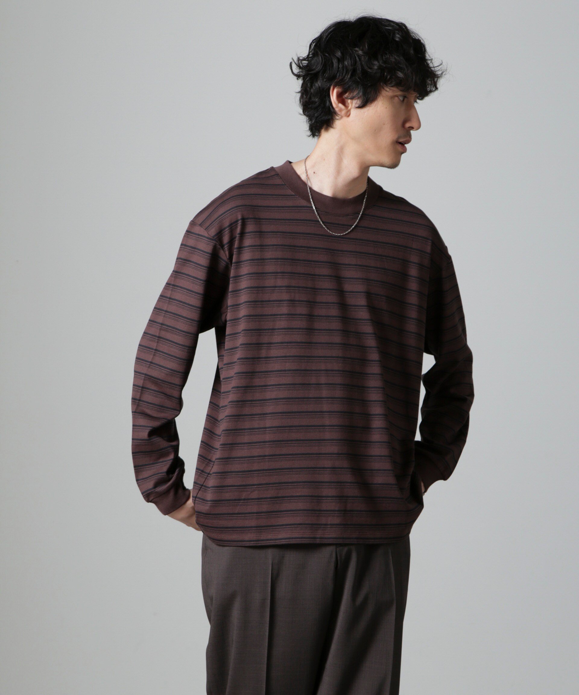 NANO universe Anti Soaked(R) ランダムボーダークルーネックTシャツ 長袖 ナノユニバース トップス カットソー・Tシャツ ブラウン ホワイト