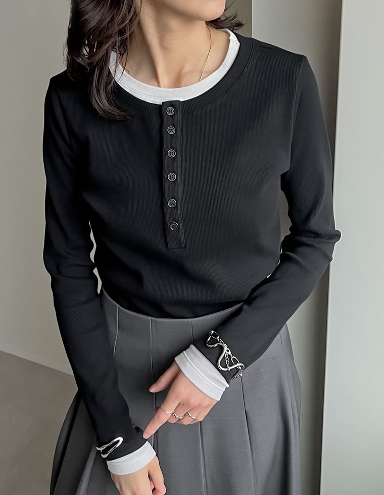 Re:EDIT ヘンリーネックレイヤード風トップス リエディ トップス カットソー・Tシャツ ブルー イエロー ホワイト【送料無料】