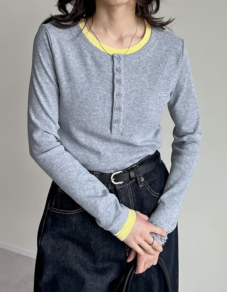 Re:EDIT ヘンリーネックレイヤード風トップス リエディ トップス カットソー・Tシャツ ブルー イエロー ホワイト【送料無料】 stylife-15128610 Rakuten Fashion サンプル画像3