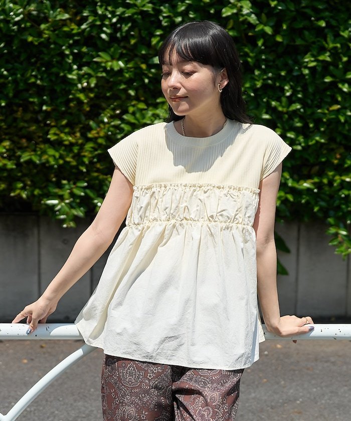 【SALE／71%OFF】FREAK'S STORE アーミーリブ コンビピグメント フレンチスリーブTシャツ 25SS フリークスストア トップス カットソー・Tシャツ グレー ベージュ