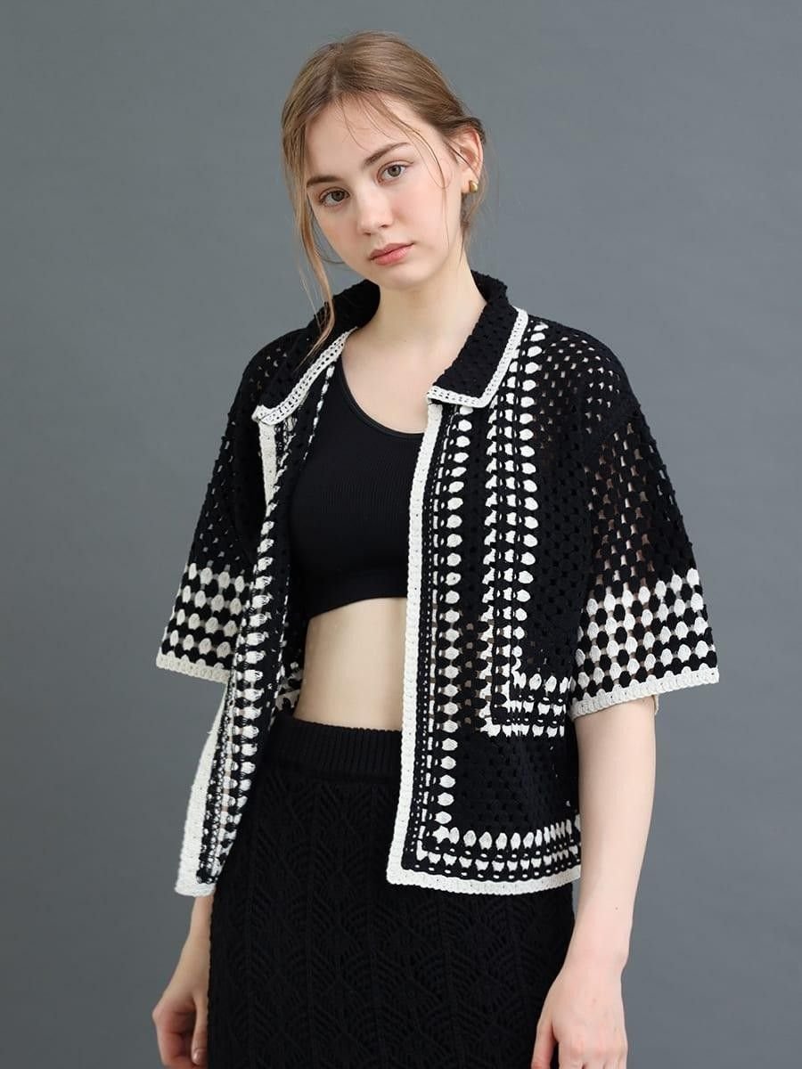 【SALE／52%OFF】Ample バイカラークロシェニットシャツ ヴァン トップス ニット ブラウン ブラック【送料無料】
