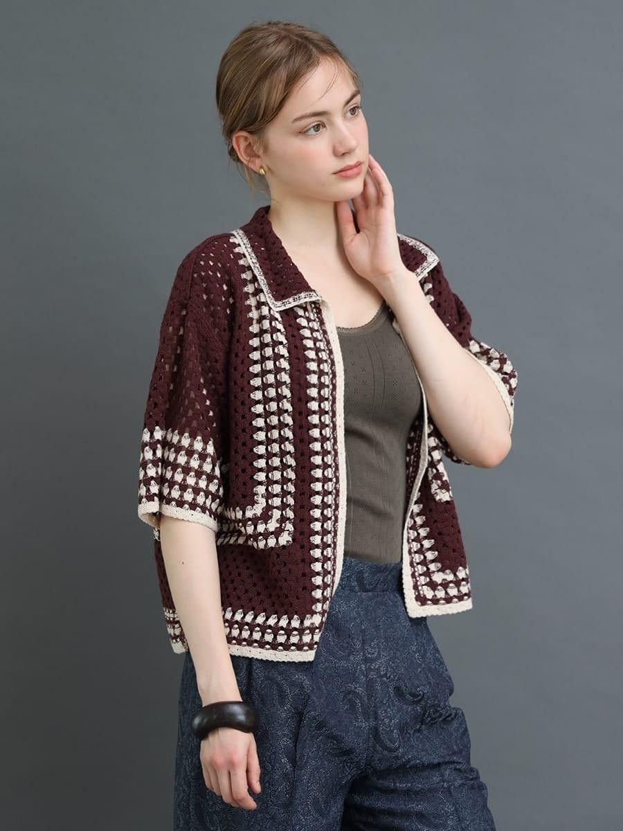 【SALE／52%OFF】Ample バイカラークロシェニットシャツ ヴァン トップス ニット ブラウン ブラック【送料無料】