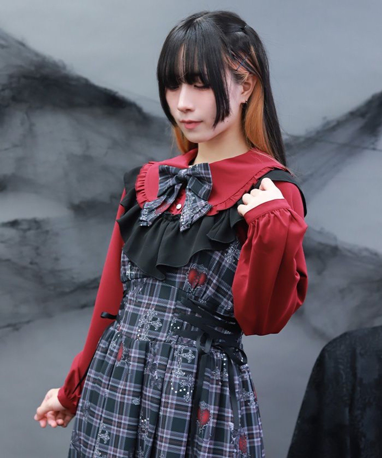 axes femme POETIQUE ナイトメアチェックリボンブラウス アクシーズファム トップス シャツ・ブラウス ホワイト ワインレッド【送料無料】