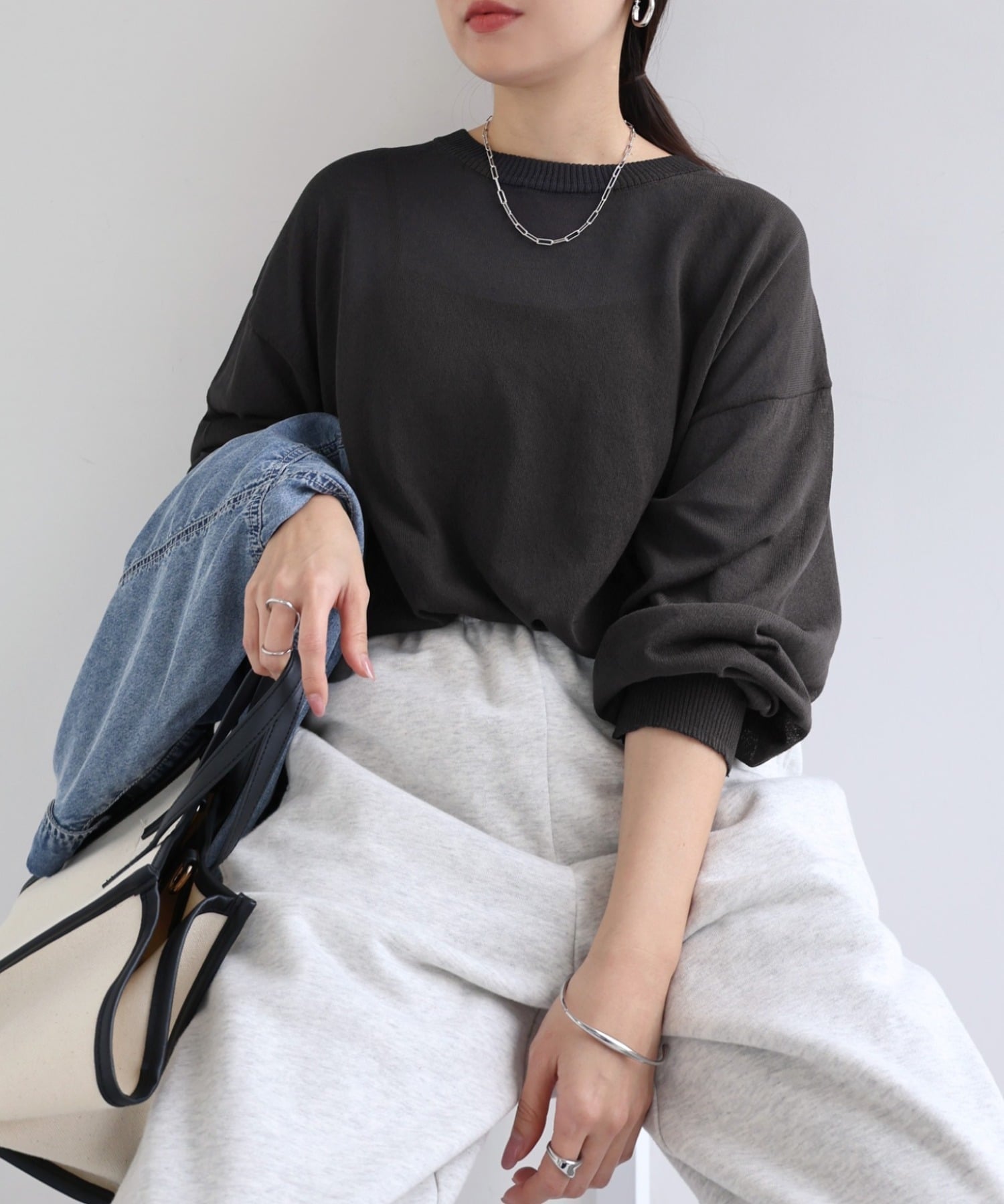Crew Neck - andme UVカット 接触冷感 シアー ニット トップス アンドミー トップス ニット ブラック ホワイト ネイビー【送料無料】