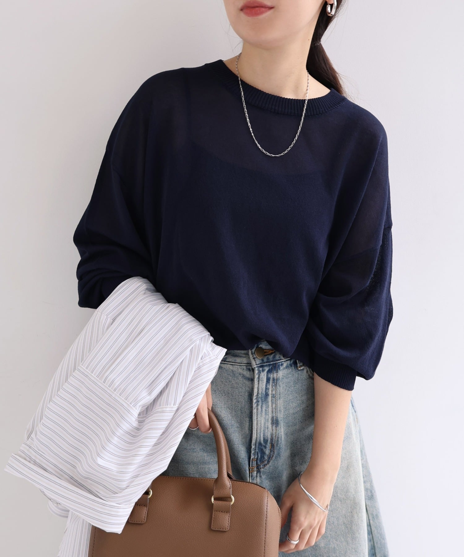 HYKE✨コットンレイヤードセーター シアースリーブニット 綿 ネイビー 紺 1 SHEER BACK GUERNSEY KNIT-シアーバックガンジーニット-HYKE（ハイク