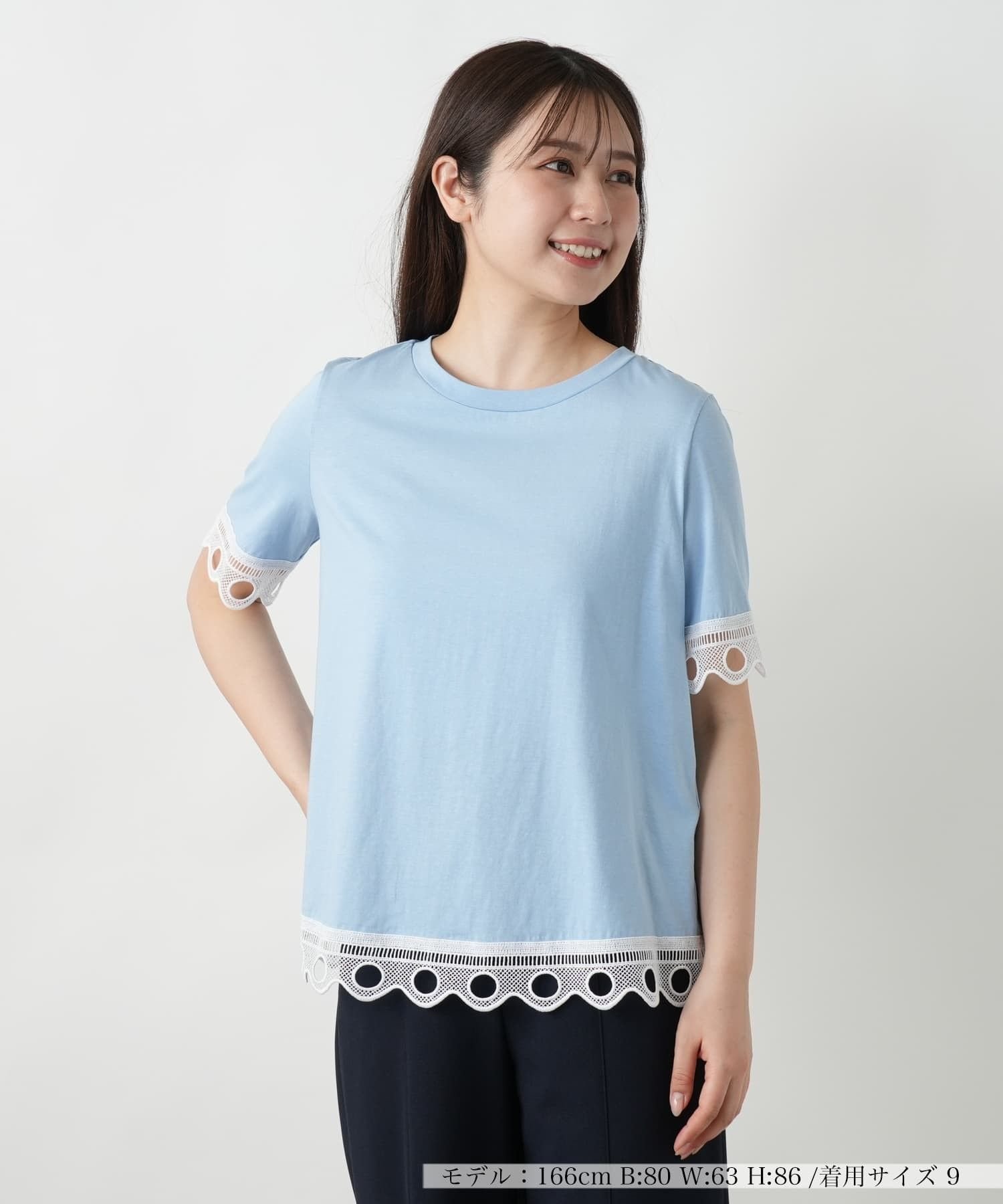 Leilian カットワークレースTシャツ-BLUBIANCO レリアン トップス カットソー・Tシャツ