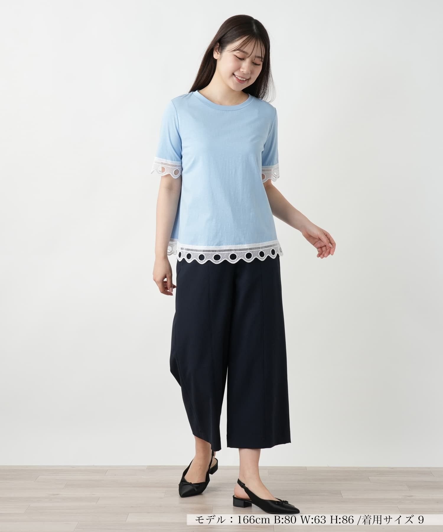 Leilian カットワークレースTシャツ-BLUBIANCO レリアン トップス カットソー・Tシャツ