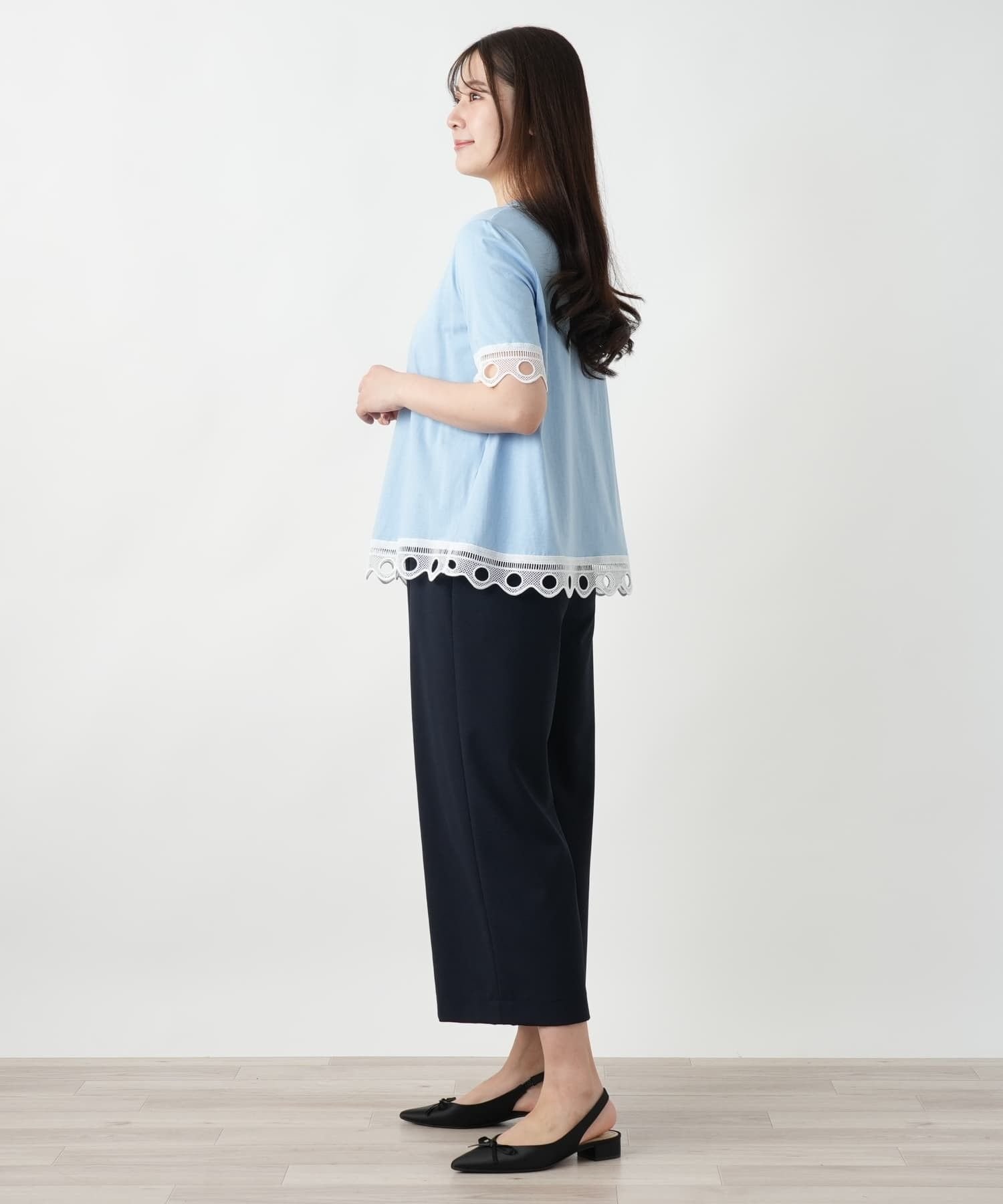 Leilian カットワークレースTシャツ-BLUBIANCO レリアン トップス カットソー・Tシャツ