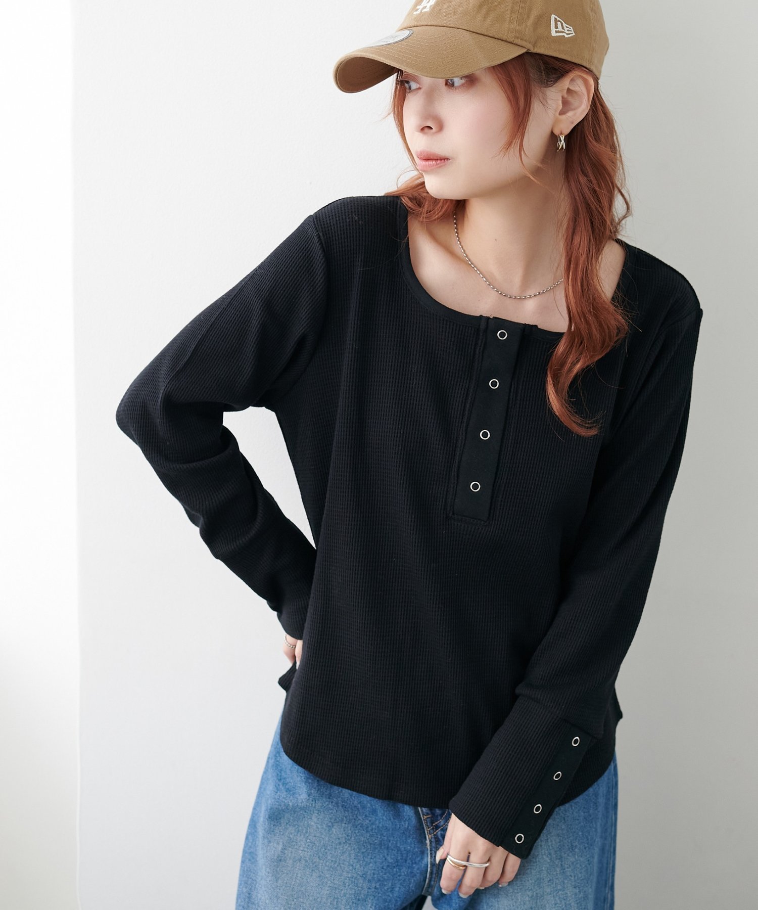 Discoat 【WEB限定】袖リングボタンワッフルロンT ディスコート トップス カットソー・Tシャツ ブラック ホワイト グレー オレンジ【送料無料】