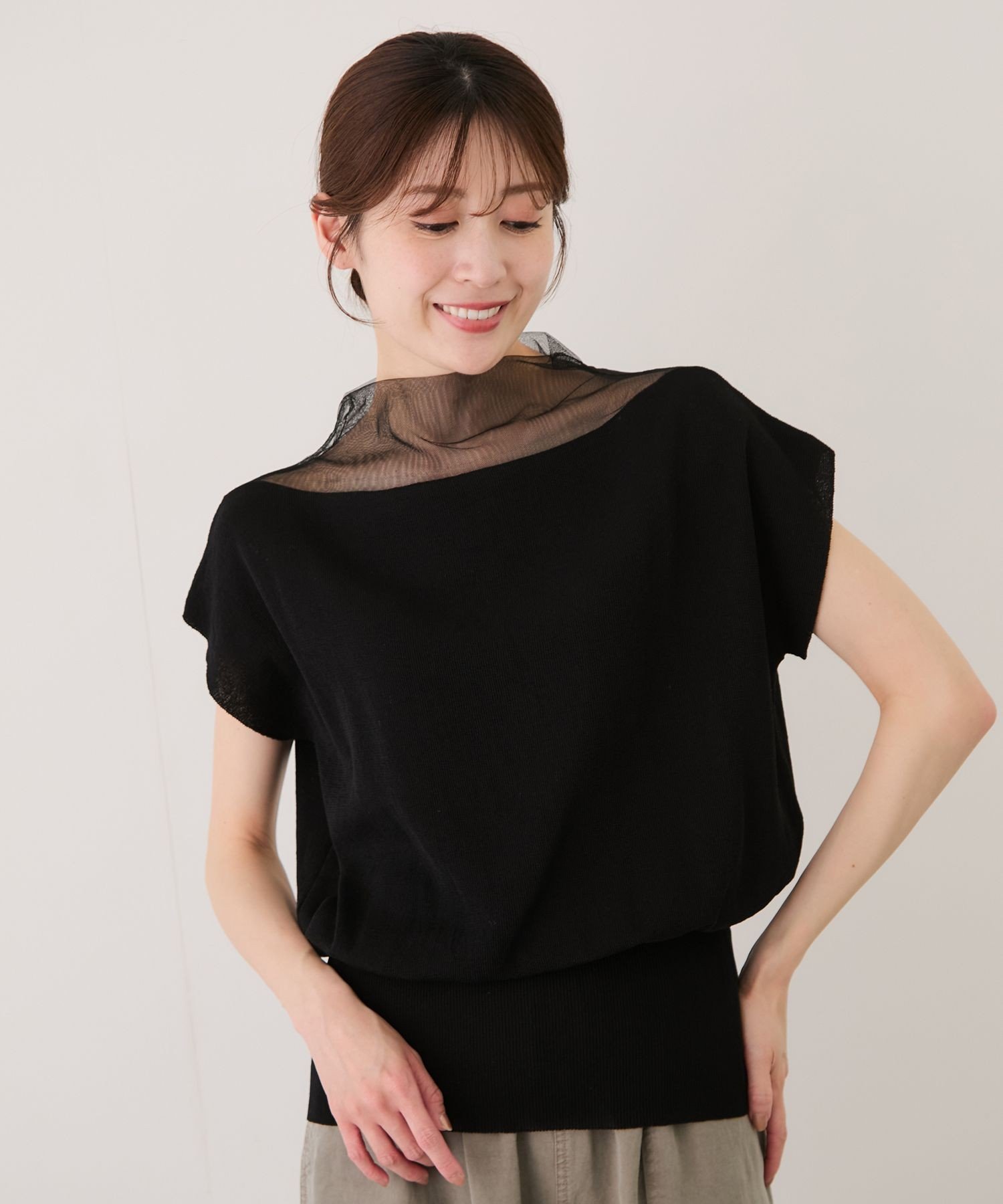 JAYRO 衿シアー半袖プルオーバー ジャイロ トップス ニット ブラック ホワイト ネイビー ベージュ