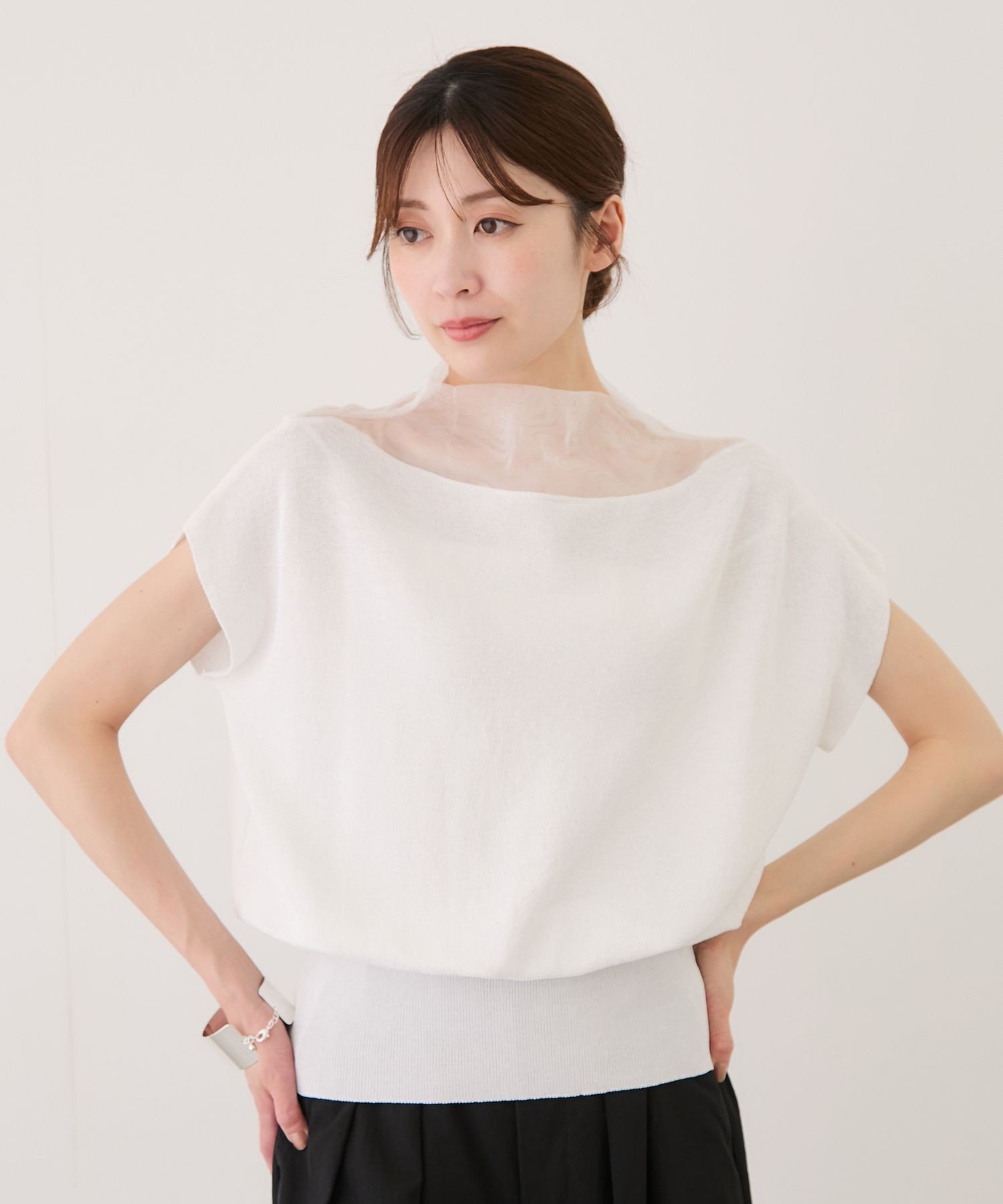 JAYRO 衿シアー半袖プルオーバー ジャイロ トップス ニット ブラック ホワイト ネイビー ベージュ