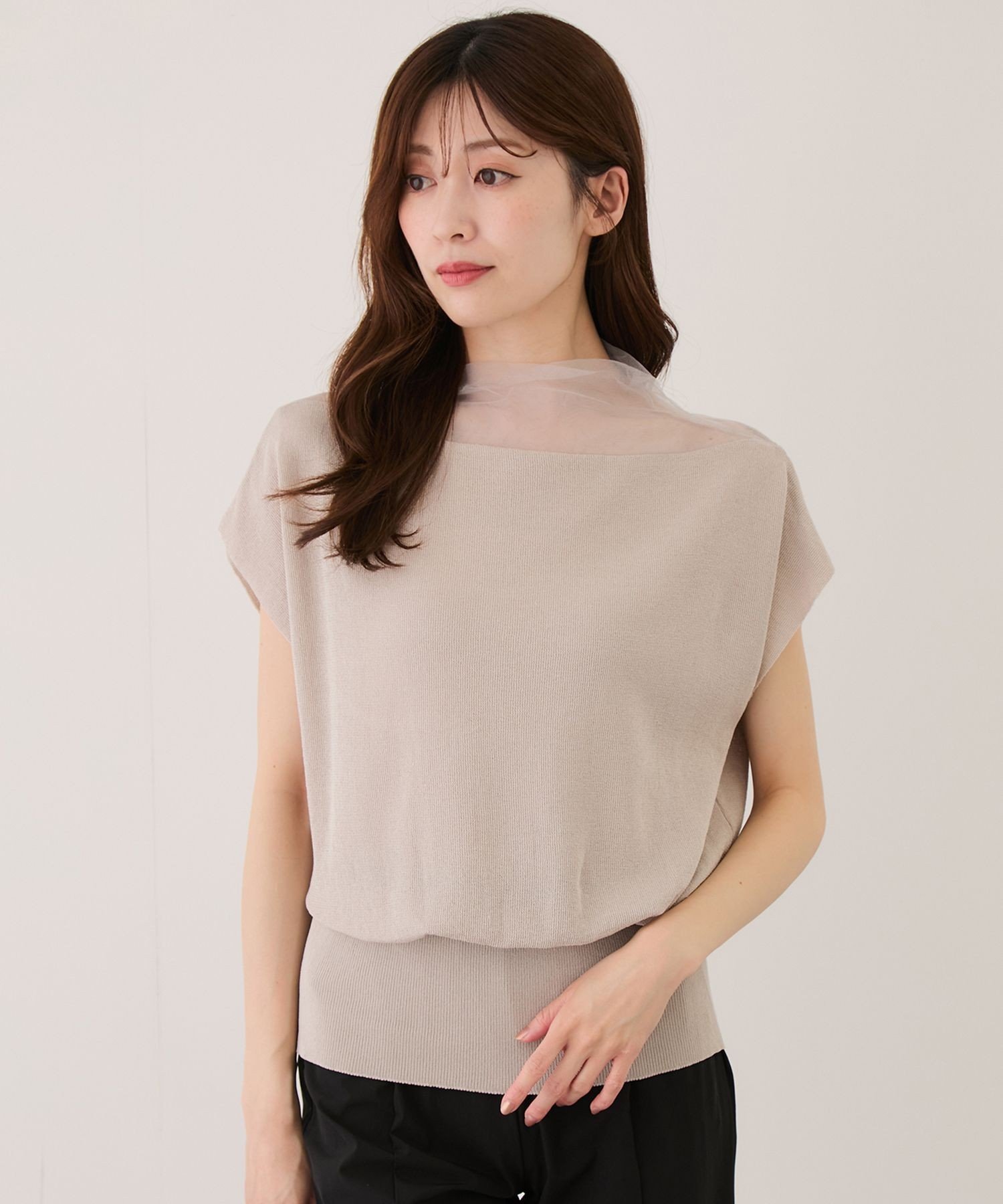JAYRO 衿シアー半袖プルオーバー ジャイロ トップス ニット ブラック ホワイト ネイビー ベージュ